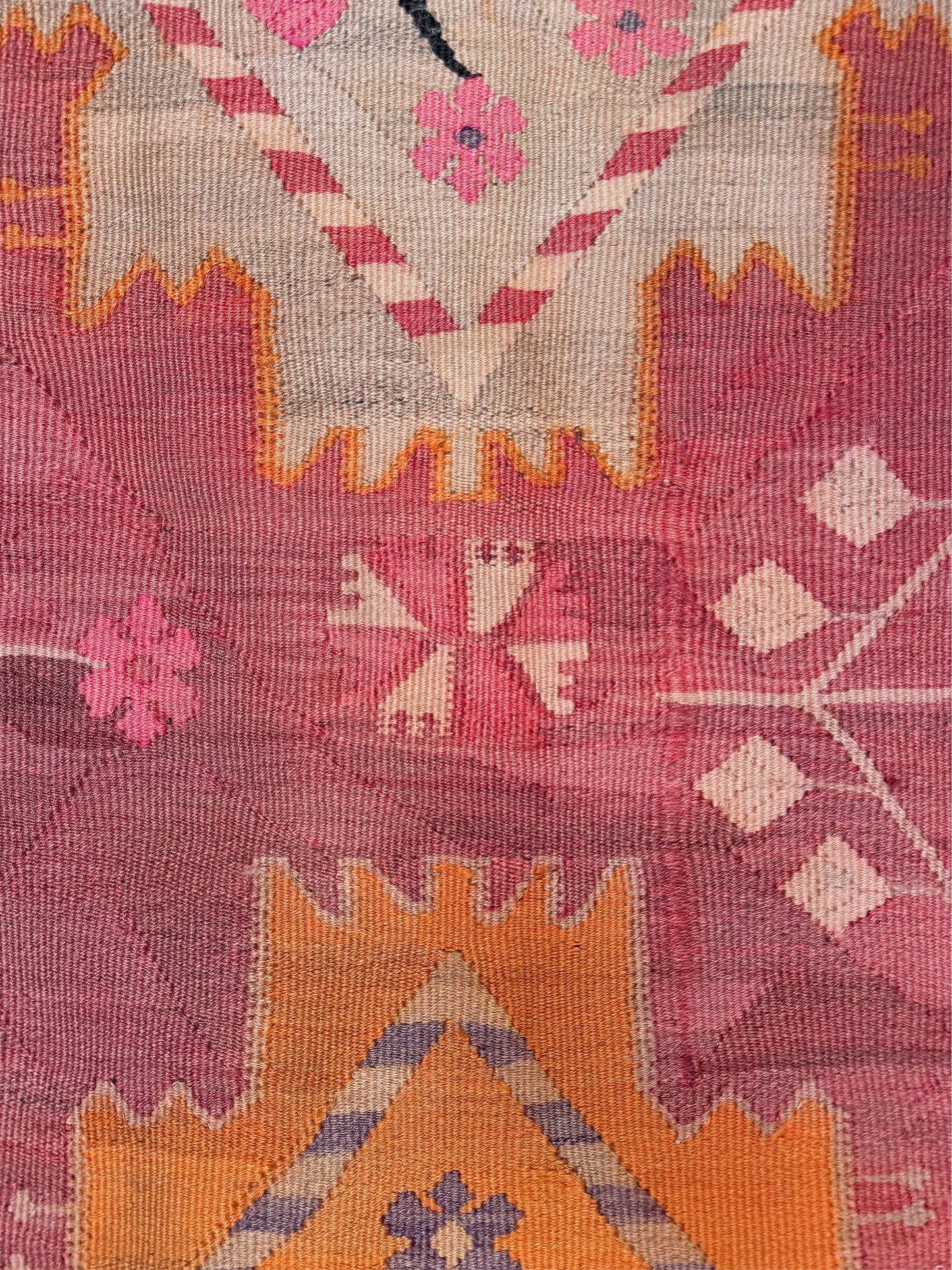 Vintage Kars Turkish kilim rug in dusty pink, warm apricot orange, handwoven from Anatolian wool 5x10. 