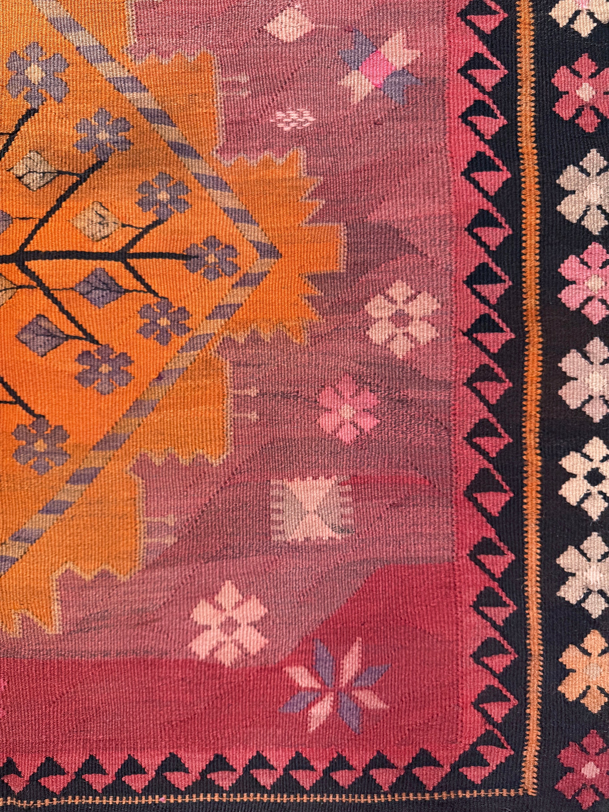 Vintage Kars Turkish kilim rug in dusty pink, warm apricot orange, handwoven from Anatolian wool 5x10. 
