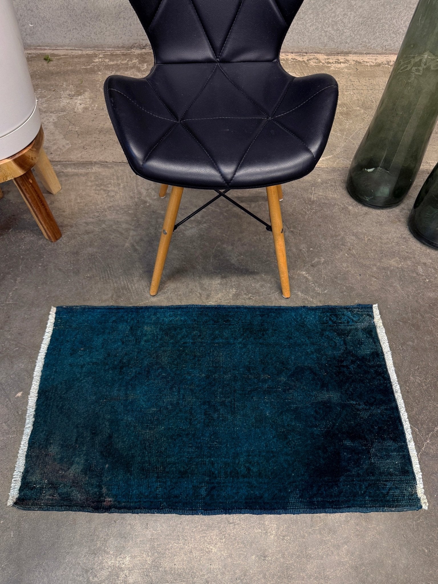 Midnight Blue Turkish overdyed Yastik rug with subtle shadowed motifs. Hand-knotted wool, 21x35 inches. Perfect for: Entryways & apartment foyers, beside the bed, kitchen sink areas, bathroom vanity spots, layered under décor pieces. One-of-a-kind rug from Indigo Rugs in Burlingame, the best rug shop in the San Francisco Bay Area. Free shipping included.