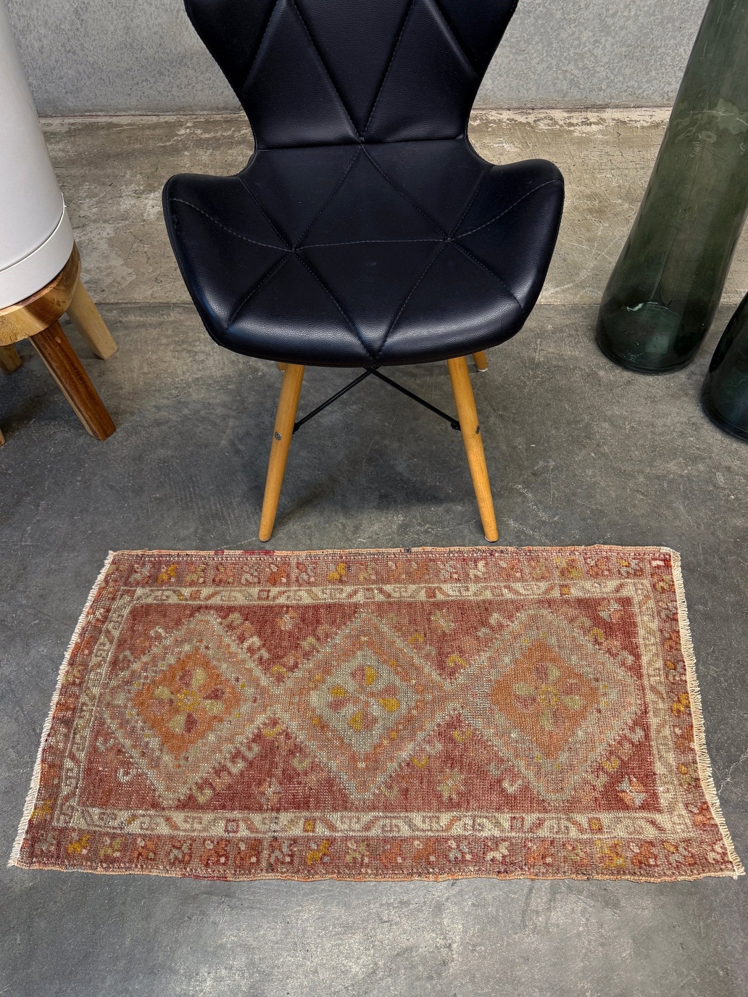 Antique Turkish Yastik rug with dusty terracotta field, faded peach. Hand-knotted wool, 19x36 inches. Circa 1930s–1950s. Perfect for: Entryways, apartment foyers, beside the bed, kitchen sink areas, bathroom vanity spots. One-of-a-kind piece from Indigo Rugs in Burlingame, the best rug shop in the San Francisco Bay Area. Free shipping included. 