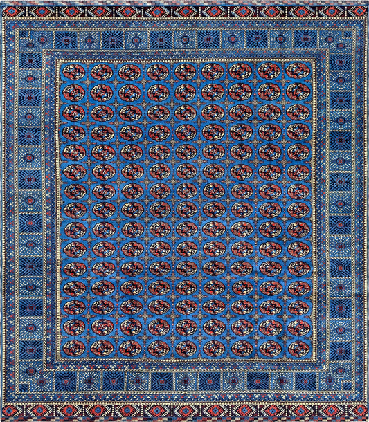Handmade 10x14 Turkmen Bukhara rug in Royal blue with oxblood red and ivory accents, available from top-rated rug shop in San Mateo, SF Bay Area. Perfect for bedroom, living room, dining room, or study. Free shipping included.