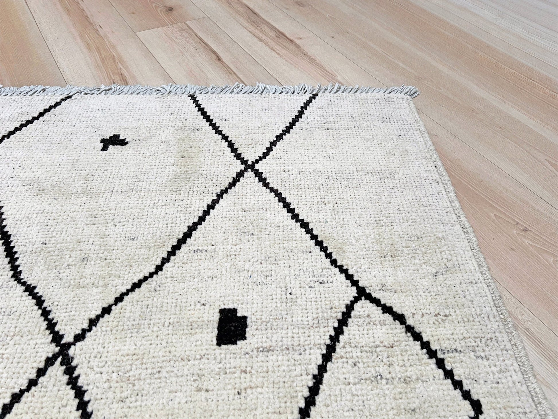 handmade moroccan inspired minimalist rug 8x10 ivory wool rug black diamond lattice modern moroccan style area rug large neutral wool rug indigo rugs san francisco bay area