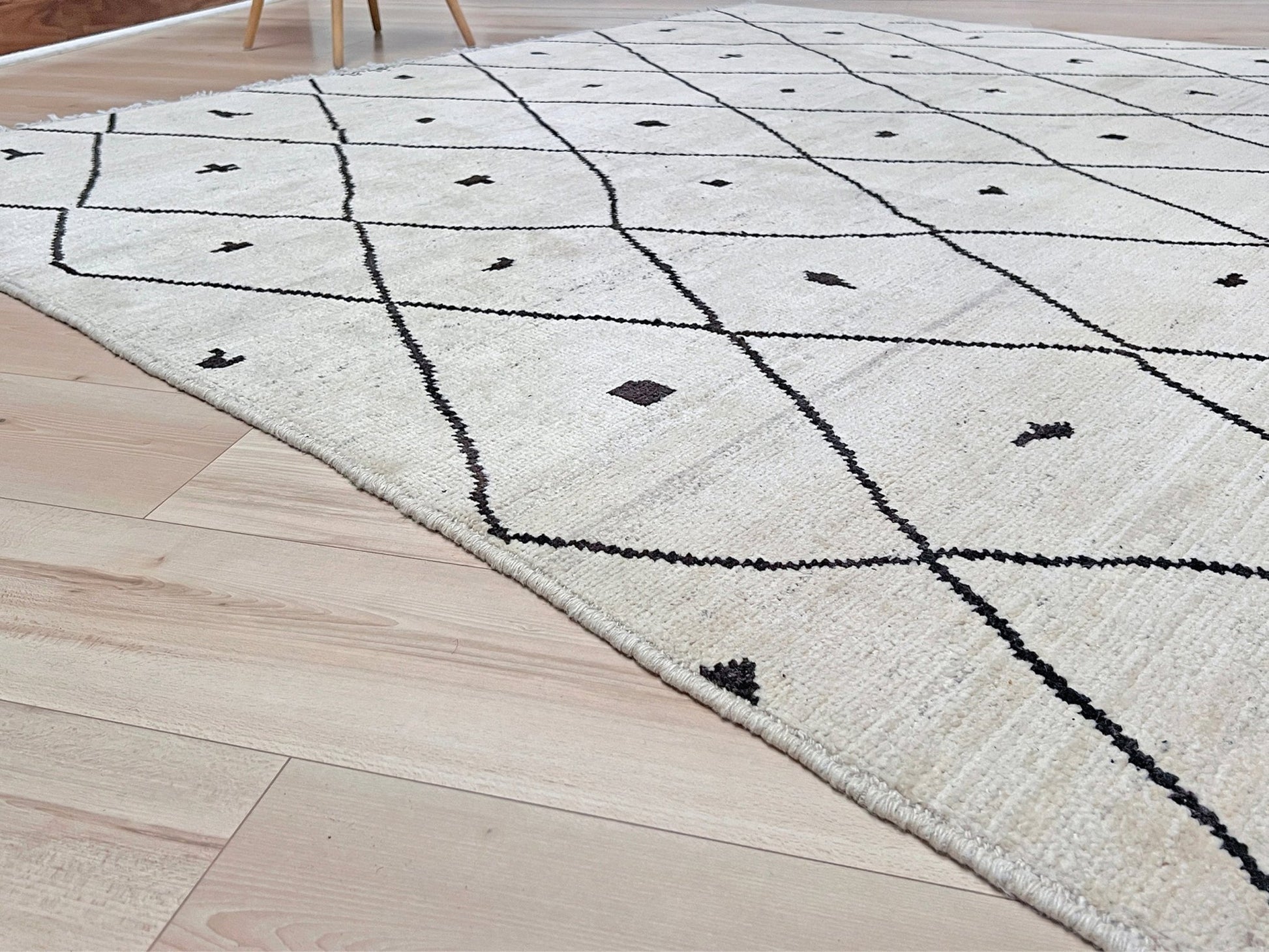 handmade moroccan inspired minimalist rug 8x10 ivory wool rug black diamond lattice modern moroccan style area rug large neutral wool rug indigo rugs san francisco bay area