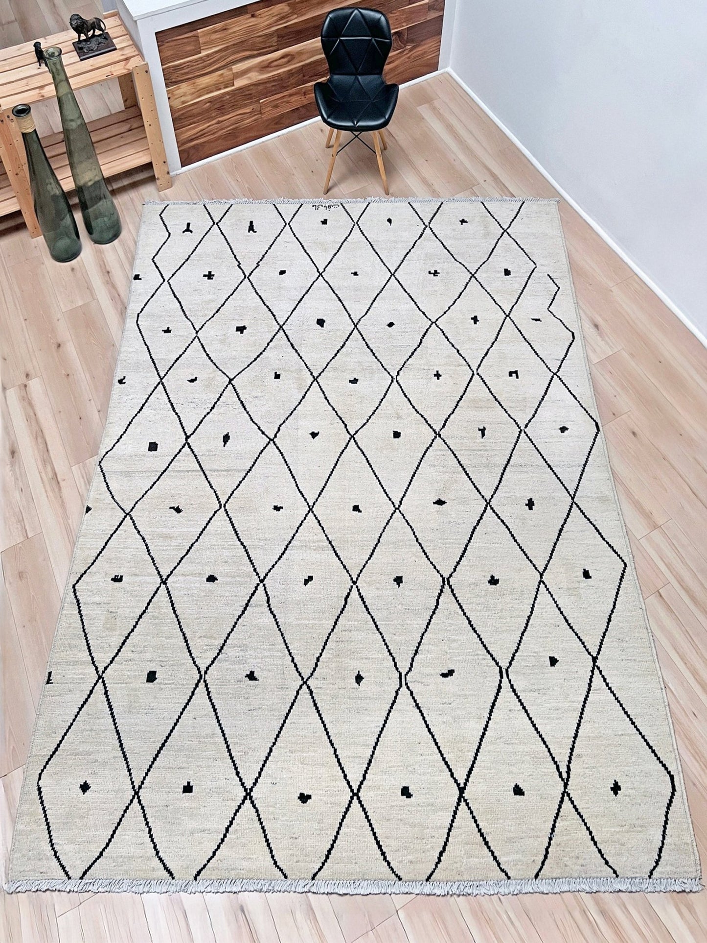 handmade moroccan inspired minimalist rug 8x10 ivory wool rug black diamond lattice modern moroccan style area rug large neutral wool rug indigo rugs san francisco bay area