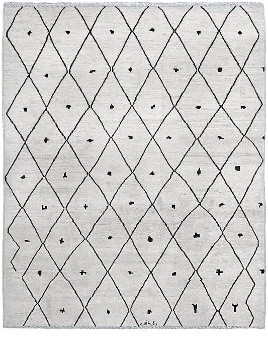 Rug with geometric black pattern on light gray background. handmade moroccan inspired minimalist rug 8x10 ivory wool rug black diamond lattice modern moroccan style area rug large neutral wool rug indigo rugs san francisco bay area