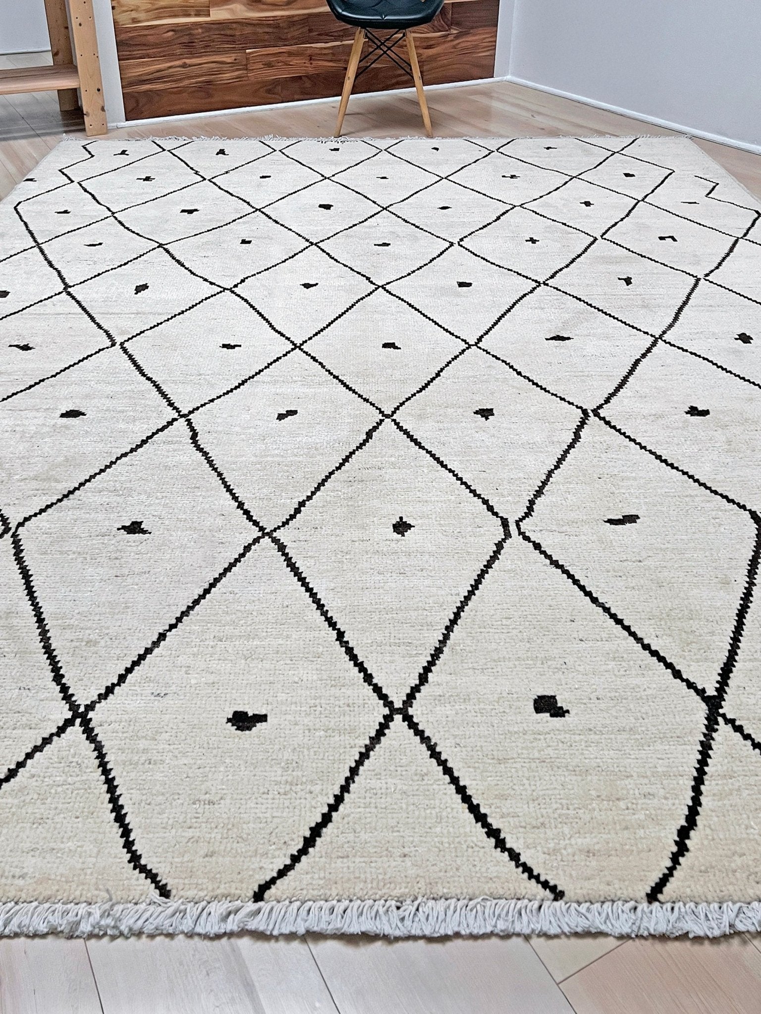 handmade moroccan inspired minimalist rug 8x10 ivory wool rug black diamond lattice modern moroccan style area rug large neutral wool rug indigo rugs san francisco bay area