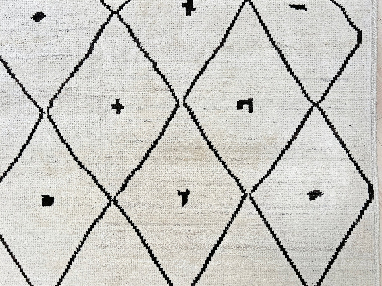 handmade moroccan inspired minimalist rug 8x10 ivory wool rug black diamond lattice modern moroccan style area rug large neutral wool rug indigo rugs san francisco bay area