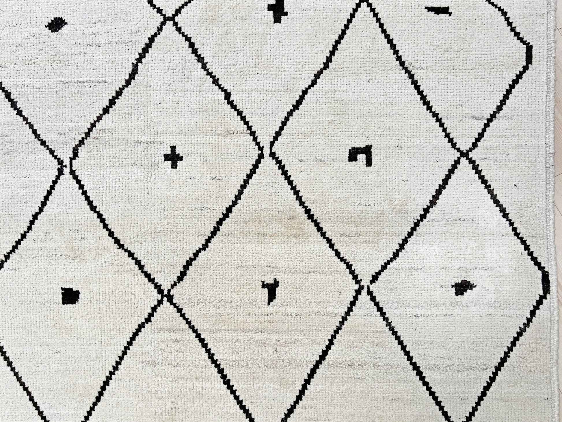 handmade moroccan inspired minimalist rug 8x10 ivory wool rug black diamond lattice modern moroccan style area rug large neutral wool rug indigo rugs san francisco bay area