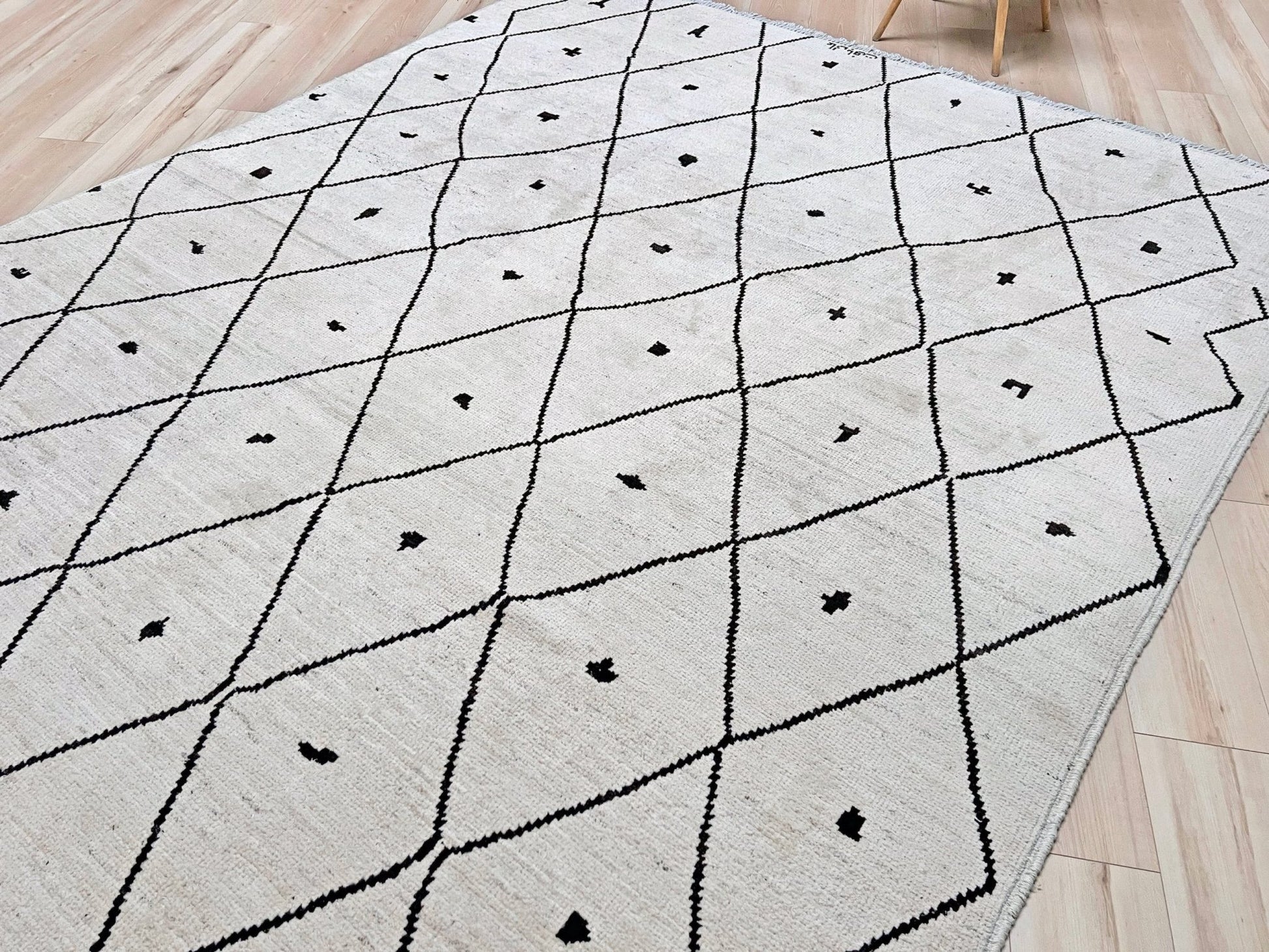 handmade moroccan inspired minimalist rug 8x10 ivory wool rug black diamond lattice modern moroccan style area rug large neutral wool rug indigo rugs san francisco bay area