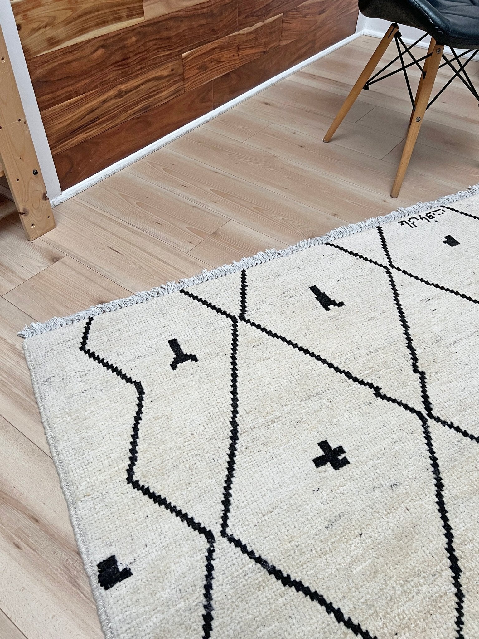 handmade moroccan inspired minimalist rug 8x10 ivory wool rug black diamond lattice modern moroccan style area rug large neutral wool rug indigo rugs san francisco bay area