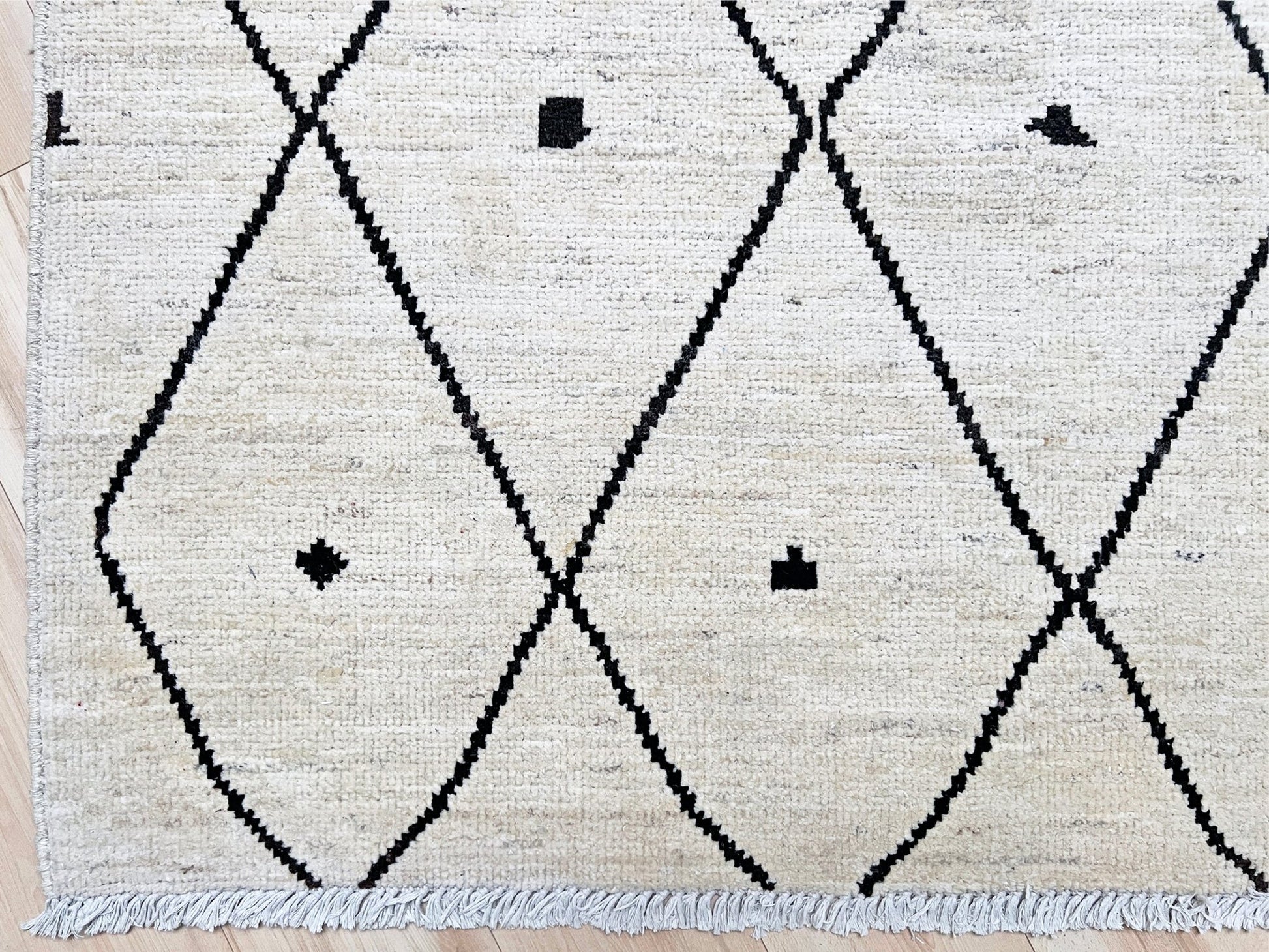handmade moroccan inspired minimalist rug 8x10 ivory wool rug black diamond lattice modern moroccan style area rug large neutral wool rug indigo rugs san francisco bay area