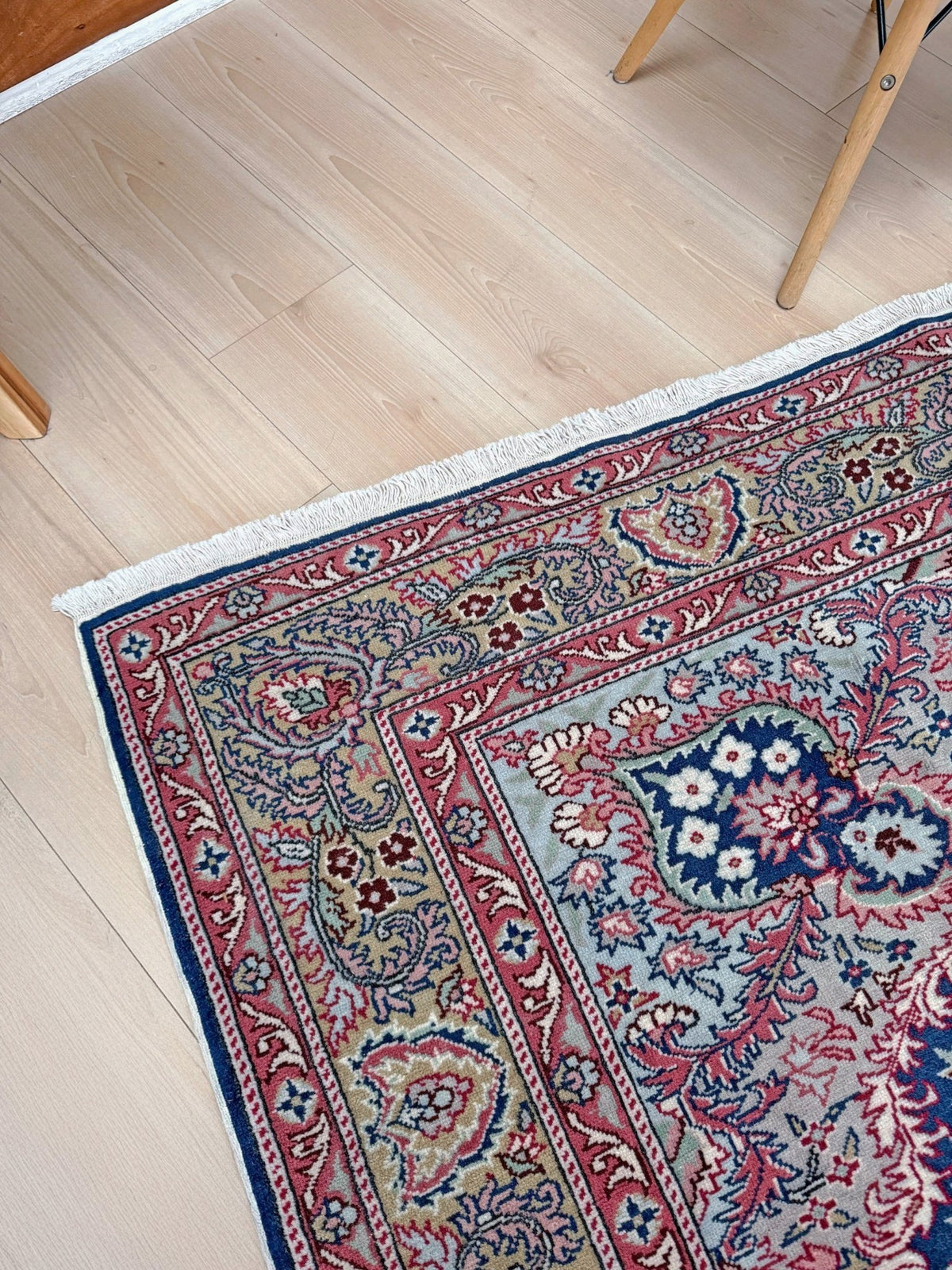  Blue vintage Turkish rug with deep blue field,  floral medallion, handmade wool 7x9 from Indigo Rugs Burlingame Bay Area.