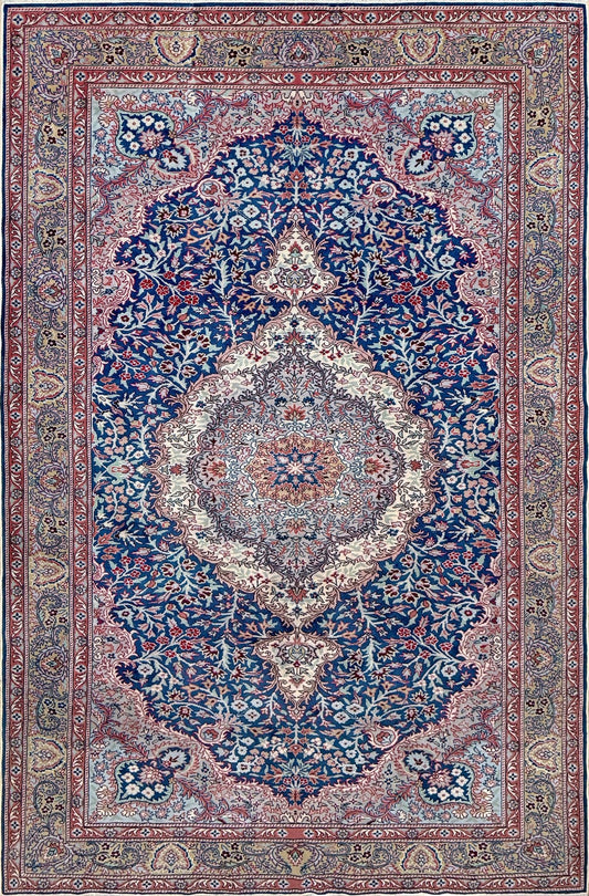 6x9  vintage Turkish Kayseri rug is a luxury wool carpet featuring a stunning floral design in sapphire and cerulean blue. Handmade with exceptional craftsmanship, it is perfect for the bedroom, living room, or dining room. Available at the best rug shop in San Mateo, SF Bay Area, it comes with free shipping. Elevate your space with this timeless and elegant piece.