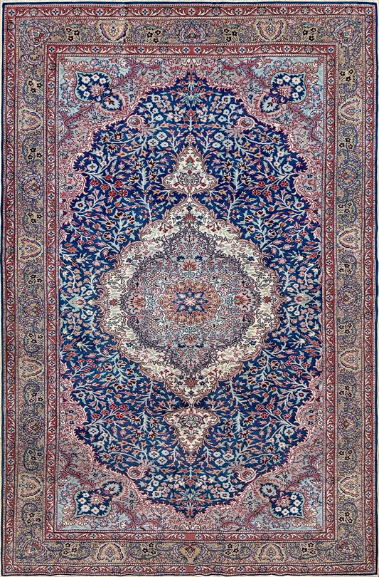 6x9 vintage Turkish Kayseri rug is a luxury wool carpet featuring a stunning floral design in sapphire and cerulean blue. Handmade with exceptional craftsmanship, it is perfect for the bedroom, living room, or dining room. Available at the best rug shop in San Mateo, SF Bay Area, it comes with free shipping. Elevate your space with this timeless and elegant piece.