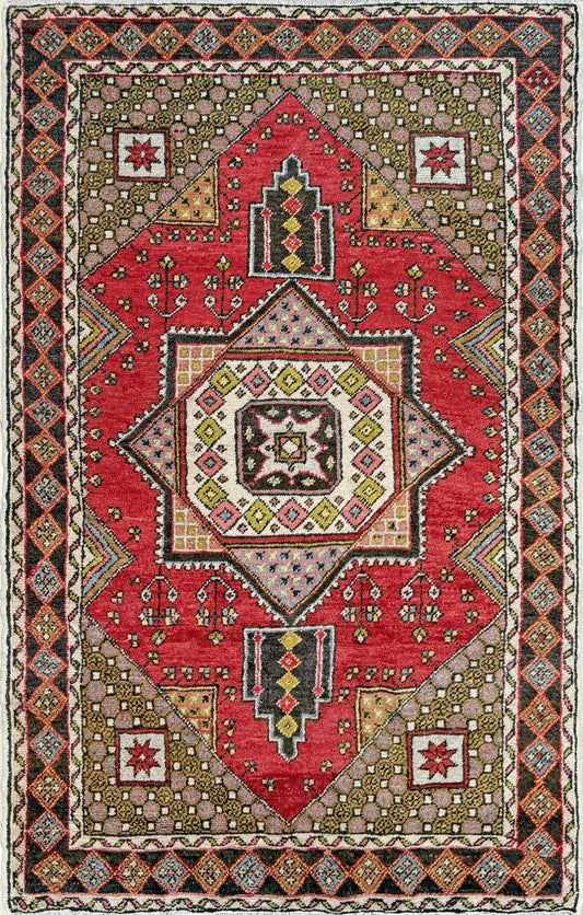 5x7 Vintage Turkish rug in rich crimson red with intricate medallion design, floral and geometric motifs—perfect for bedroom, living room, or dining space. High-quality wool rug with vibrant hues of mustard yellow, olive green, and pale pink. Available at the best rug shop in San Mateo, SF Bay Area, with free shipping. Timeless character and craftsmanship for a stylish, cozy home.