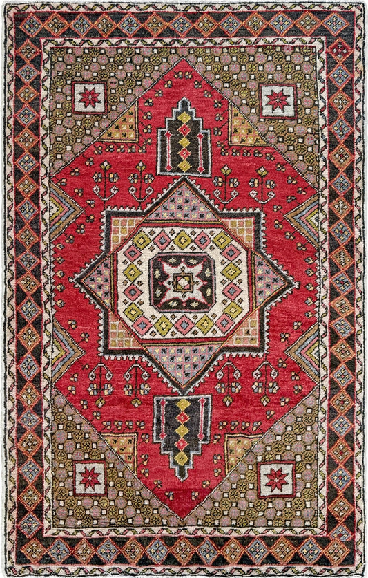 5x7 Vintage Turkish rug in rich crimson red with intricate medallion design, —perfect for bedroom, living room, or dining space. High-quality wool rug with vibrant hues of mustard yellow, olive green, and pale pink. Available at the best rug shop in San Mateo, SF Bay Area, with free shipping. Timeless character and craftsmanship for a stylish, cozy home.