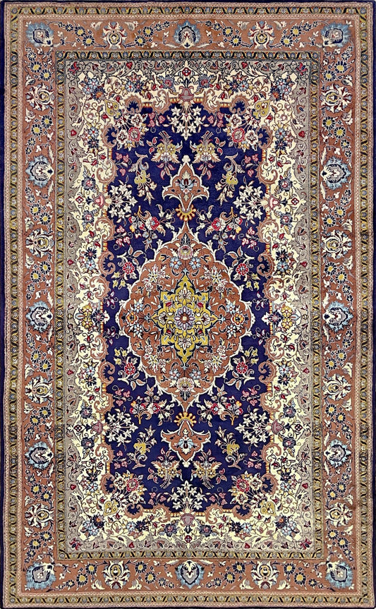 Navy Brown Yellow Isfahan Vintage Persian Rug shop san francisco bay area. Luxury Handmade Wool Carpet • 6x9 Large Floral Rug for Living Room, Bedroom, Dining