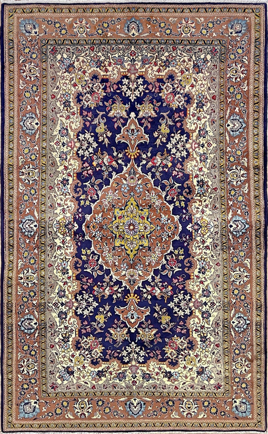 Navy Brown Yellow Isfahan Vintage Persian Rug shop san francisco bay area. Luxury Handmade Wool Carpet • 6x9 Large Floral Rug for Living Room, Bedroom, Dining