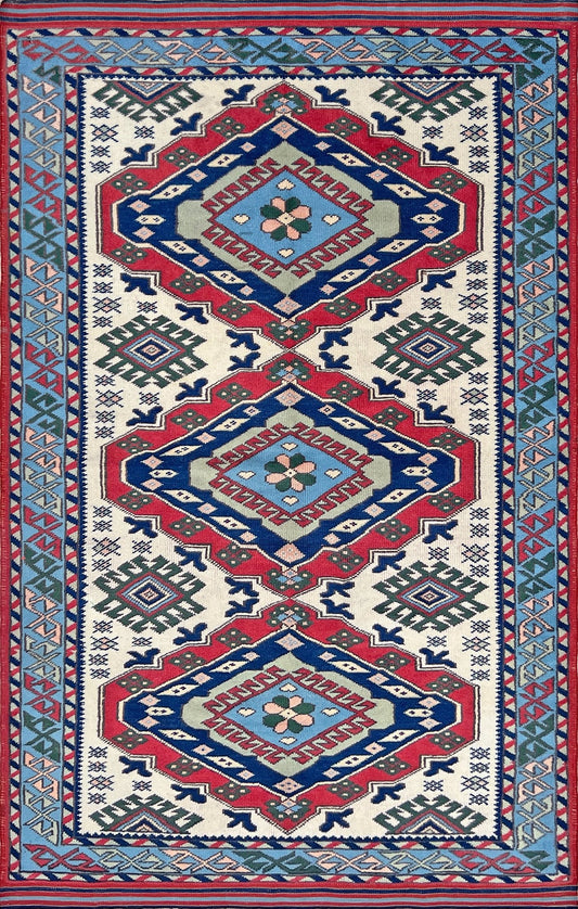 Baby Blue White Tribal Turkish Rug, handmade wool carpet, 4x6 traditional rug for living room, bedroom, kitchen, entryway, nursery, available at Indigo Rugs, San Francisco Bay Area’s best place to buy a rug, featuring intricate tribal motifs and soft wool texture.