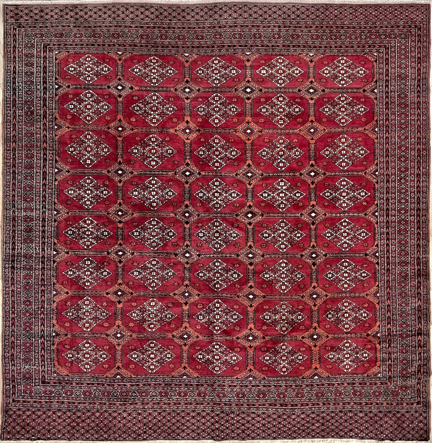 7x7 square red bukhara traditional rug shop san francisco bay area. Handmade wool rug free shipping affordable