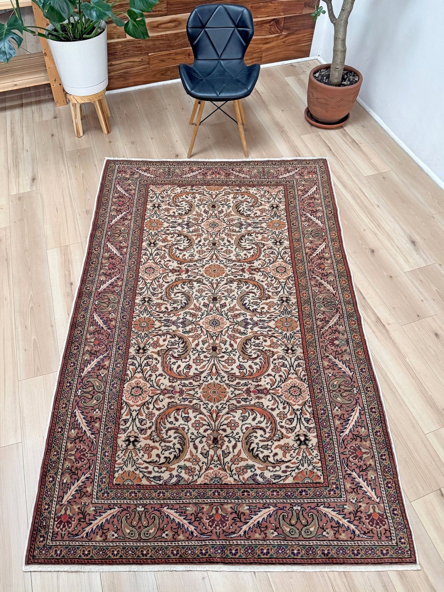 Vintage floral Kayseri handmade Turkish wool rug with an ivory field and scrolling botanical motifs in terracotta, soft rose, olive green, lavender, and ink blue. Size 5x7 ft. One-of-a-kind rug from Indigo Rugs in Burlingame, the best rug shop in the San Francisco Bay Area. Free shipping included.