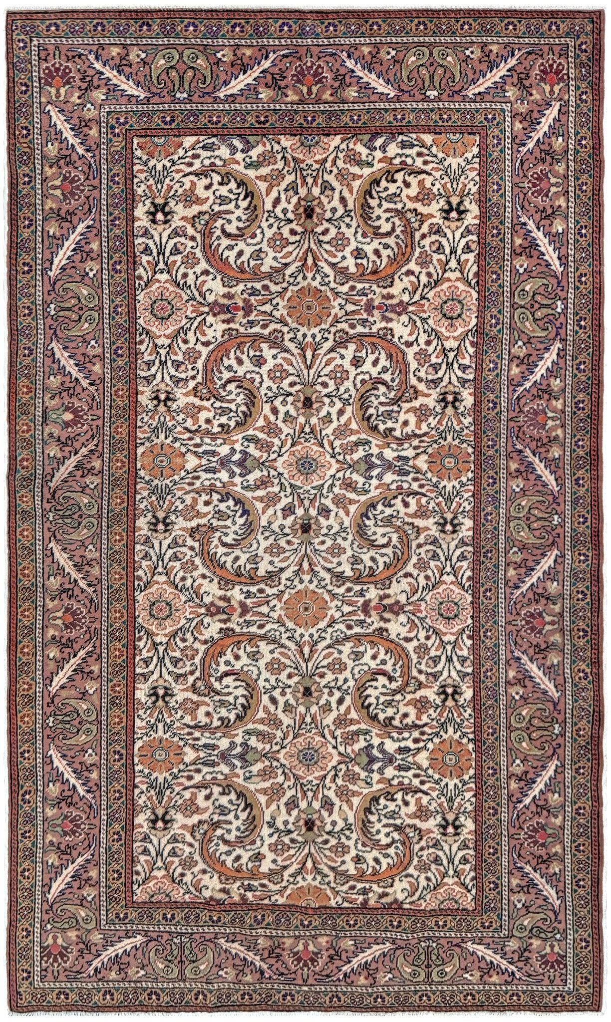 Vintage floral Kayseri handmade Turkish wool rug with an ivory field and scrolling botanical motifs in terracotta, soft rose, olive green, lavender, and ink blue. Size 5x7 ft. One-of-a-kind rug from Indigo Rugs in Burlingame, the best rug shop in the San Francisco Bay Area. Free shipping included.