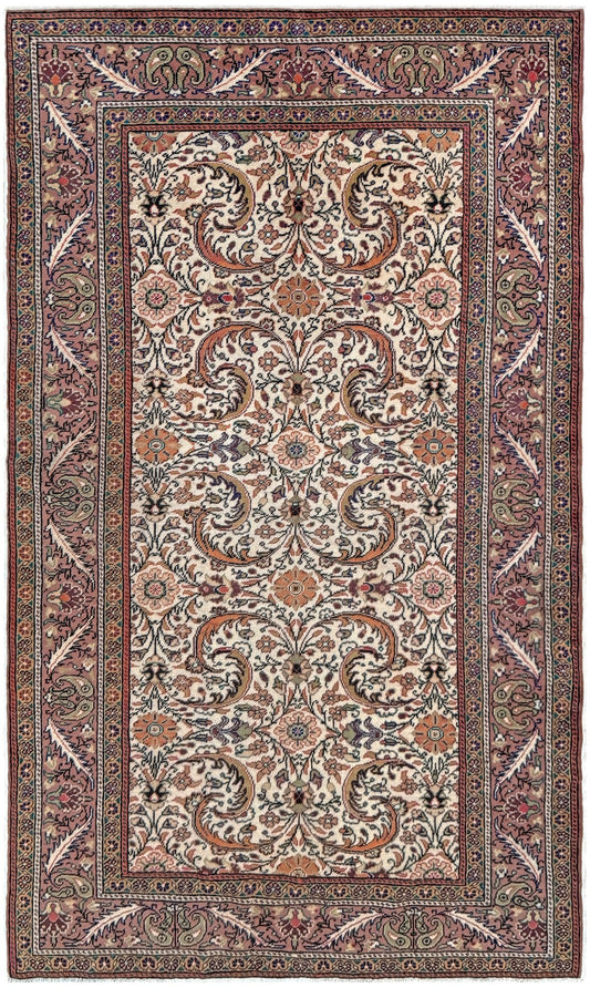 Vintage floral Kayseri handmade Turkish wool rug with an ivory field and scrolling botanical motifs in terracotta, soft rose, olive green, lavender, and ink blue. Size 5x7 ft. One-of-a-kind rug from Indigo Rugs in Burlingame, the best rug shop in the San Francisco Bay Area. Free shipping included.