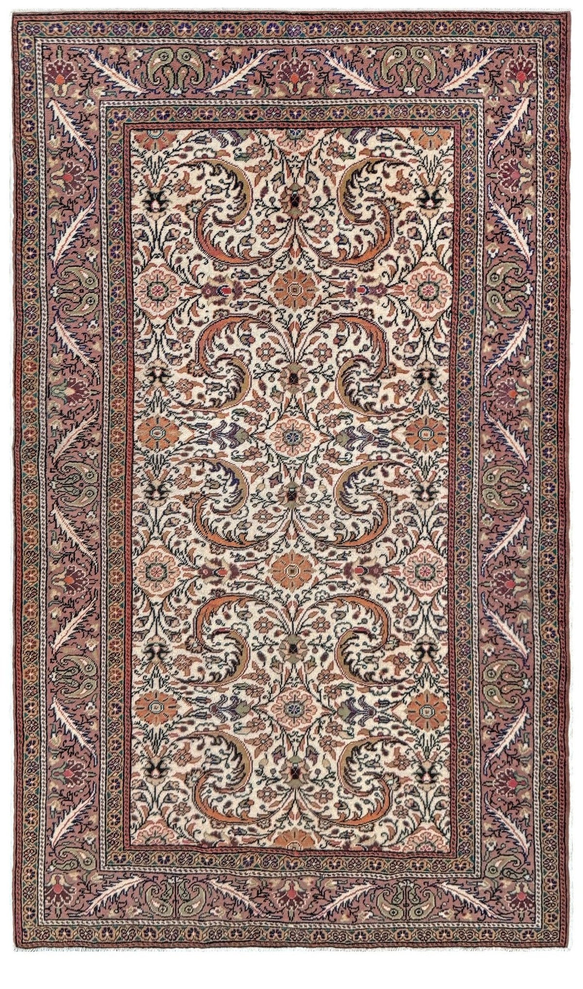 Vintage floral handmade Turkish wool rug with an ivory field and scrolling botanical motifs in terracotta, soft rose, olive green,  5x7 rug from Indigo Rugs in Burlingame, the best rug shop in the San Francisco Bay Area. Free shipping included.