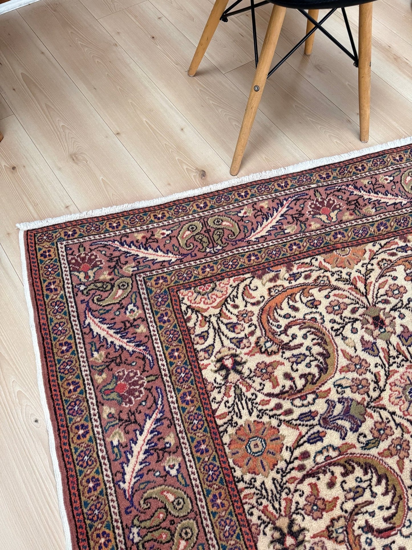 Vintage floral Kayseri handmade Turkish wool rug with an ivory field and scrolling botanical motifs in terracotta, soft rose, olive green, lavender, and ink blue. Size 5x7 ft. One-of-a-kind rug from Indigo Rugs in Burlingame, the best rug shop in the San Francisco Bay Area. Free shipping included.