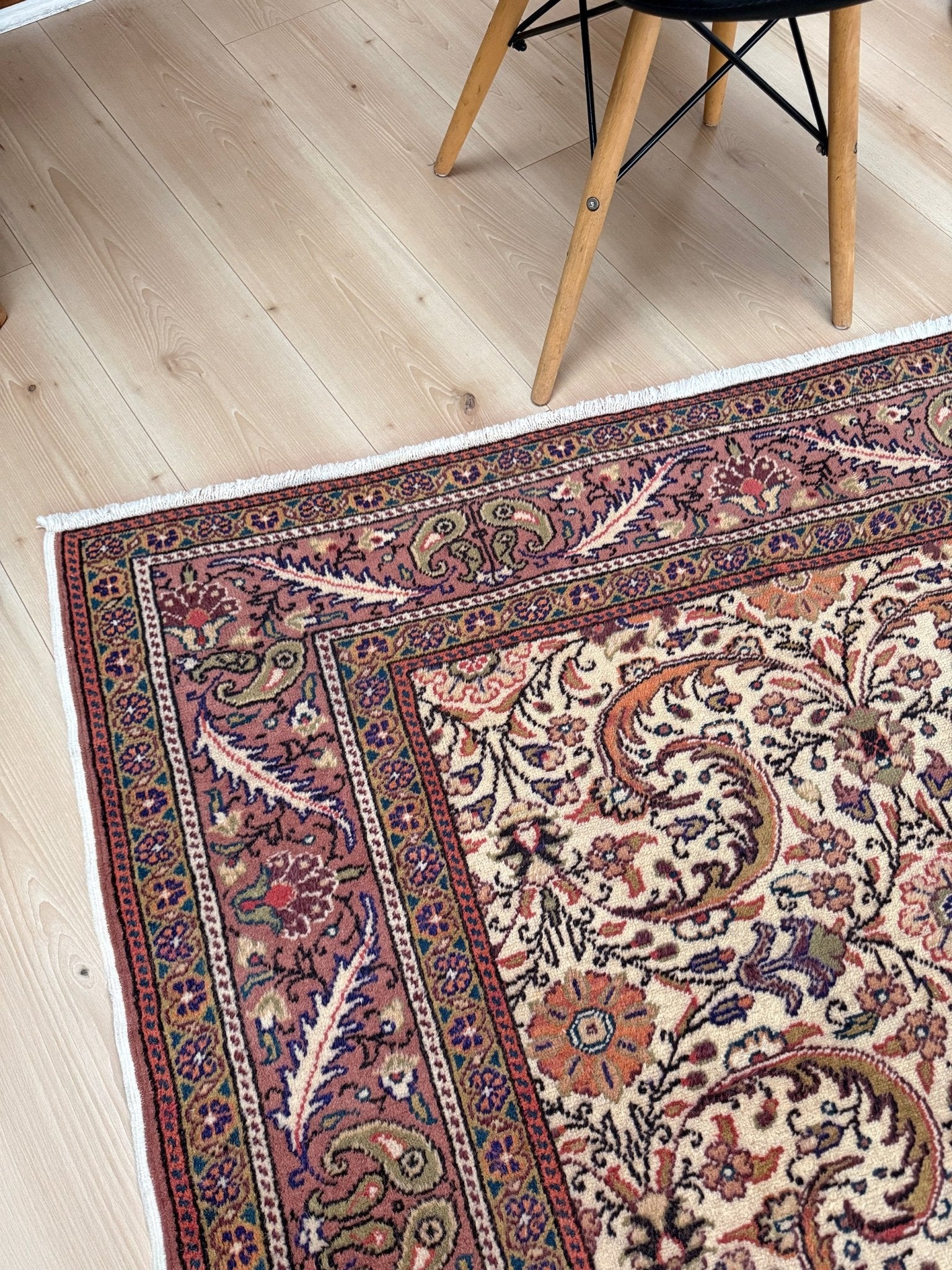 Vintage floral Kayseri handmade Turkish wool rug with an ivory field and scrolling botanical motifs in terracotta, soft rose, olive green, lavender, and ink blue. Size 5x7 ft. One-of-a-kind rug from Indigo Rugs in Burlingame, the best rug shop in the San Francisco Bay Area. Free shipping included.