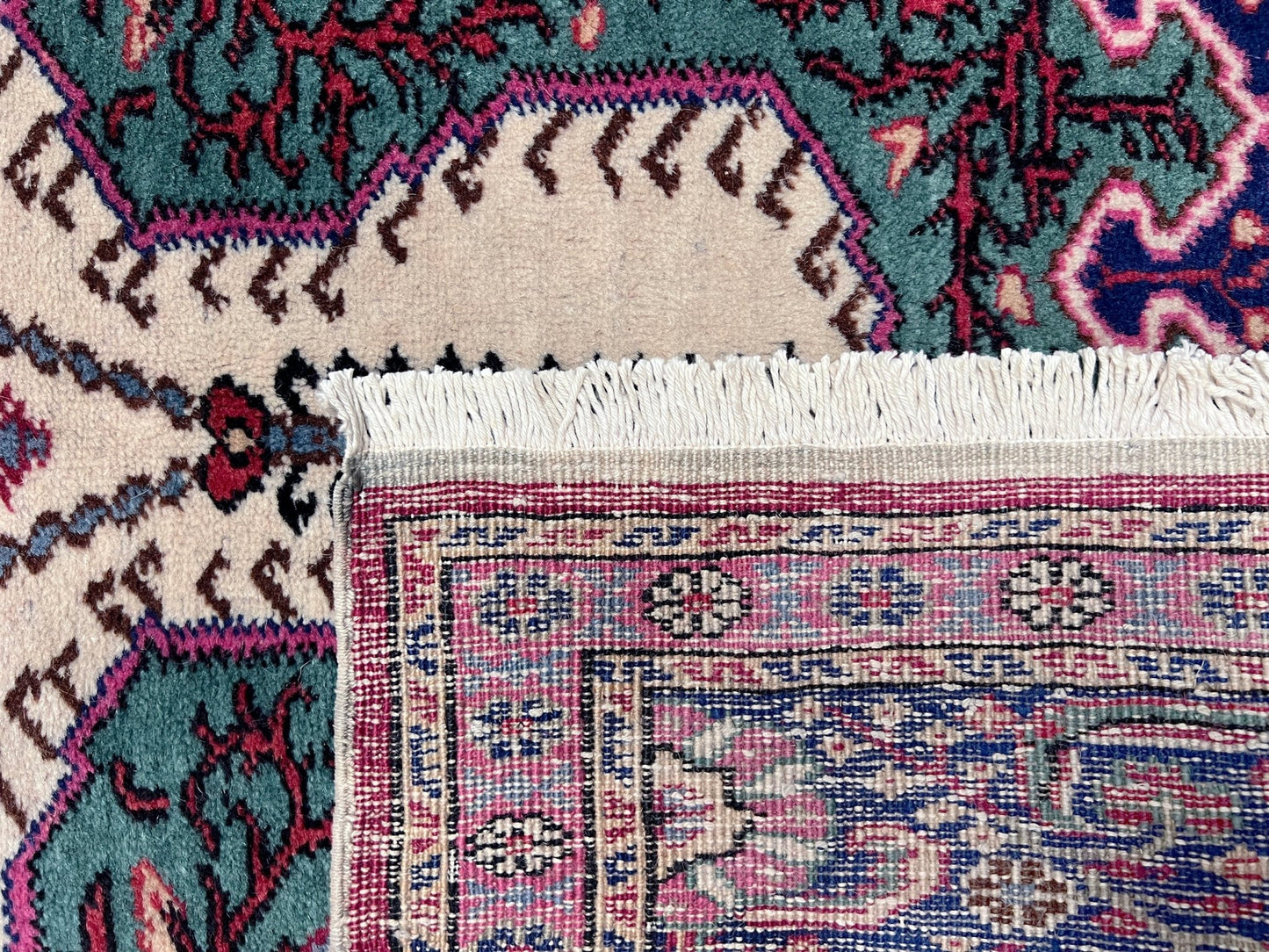 3x5 Turkish Kayseri scatter rug with prayer design, featuring a white ground, tulip pink and and a candle motif in the niche. Colors include baby blue, teal, and brown. Handmade from top-quality handspun Turkish wool, vibrant. Available at the best prices in the San Francisco Bay Area at Indigo Rugs, specializing in all handmade rugs.