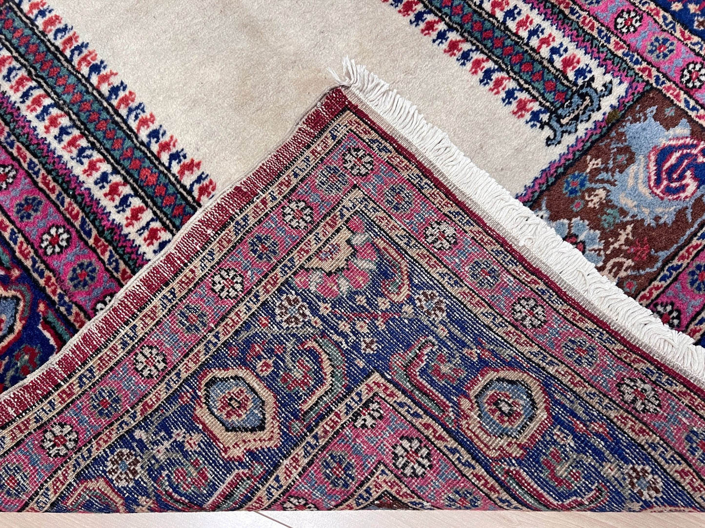 3x5 Turkish Kayseri scatter rug with prayer design, featuring a white ground, tulip pink and and a candle motif in the niche. Colors include baby blue, teal, and brown. Handmade from top-quality handspun Turkish wool, vibrant. Available at the best prices in the San Francisco Bay Area at Indigo Rugs, specializing in all handmade rugs.