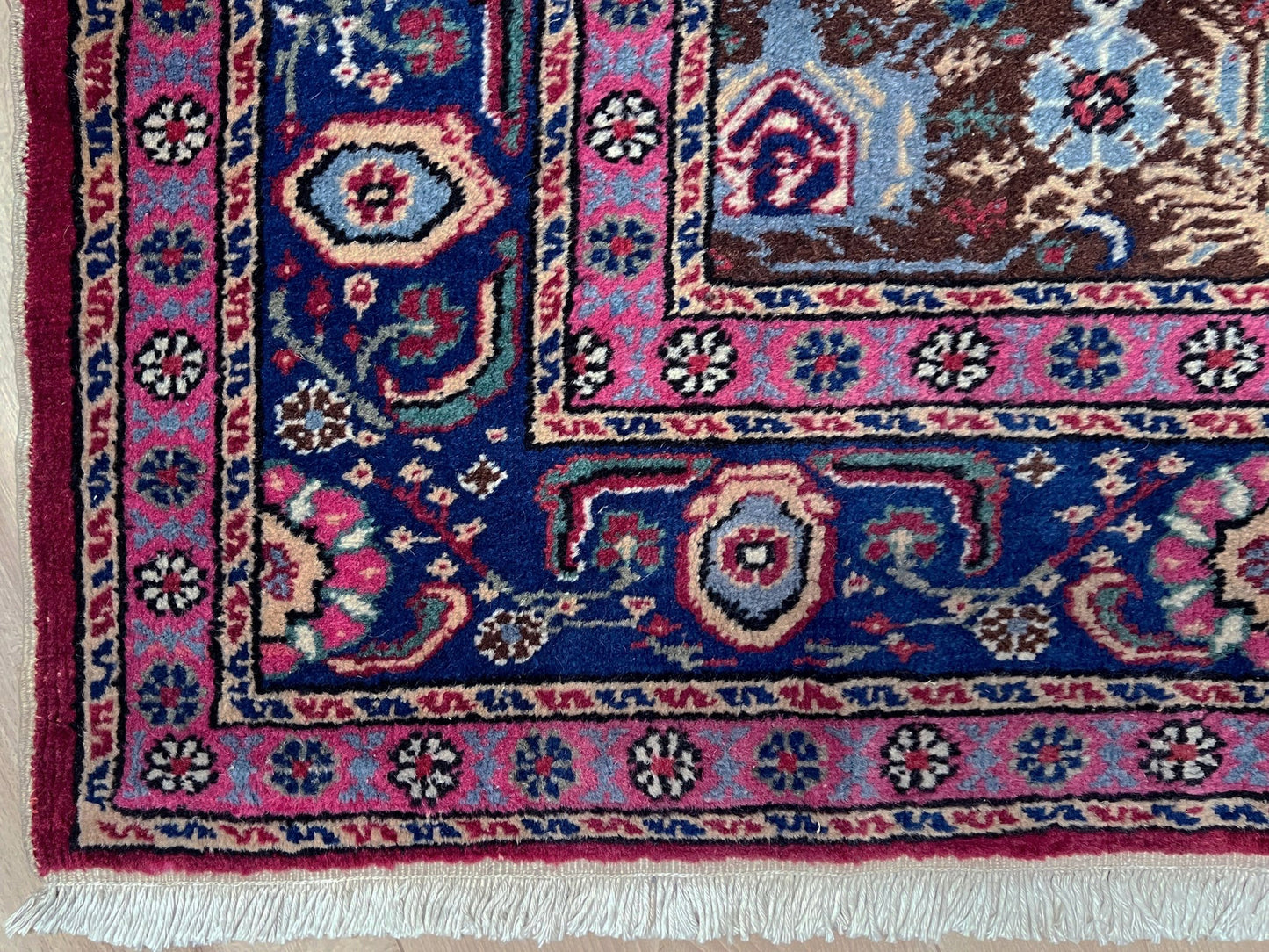 3x5 Turkish Kayseri scatter rug with prayer design, featuring a white ground, tulip pink and and a candle motif in the niche. Colors include baby blue, teal, and brown. Handmade from top-quality handspun Turkish wool, vibrant. Available at the best prices in the San Francisco Bay Area at Indigo Rugs, specializing in all handmade rugs.