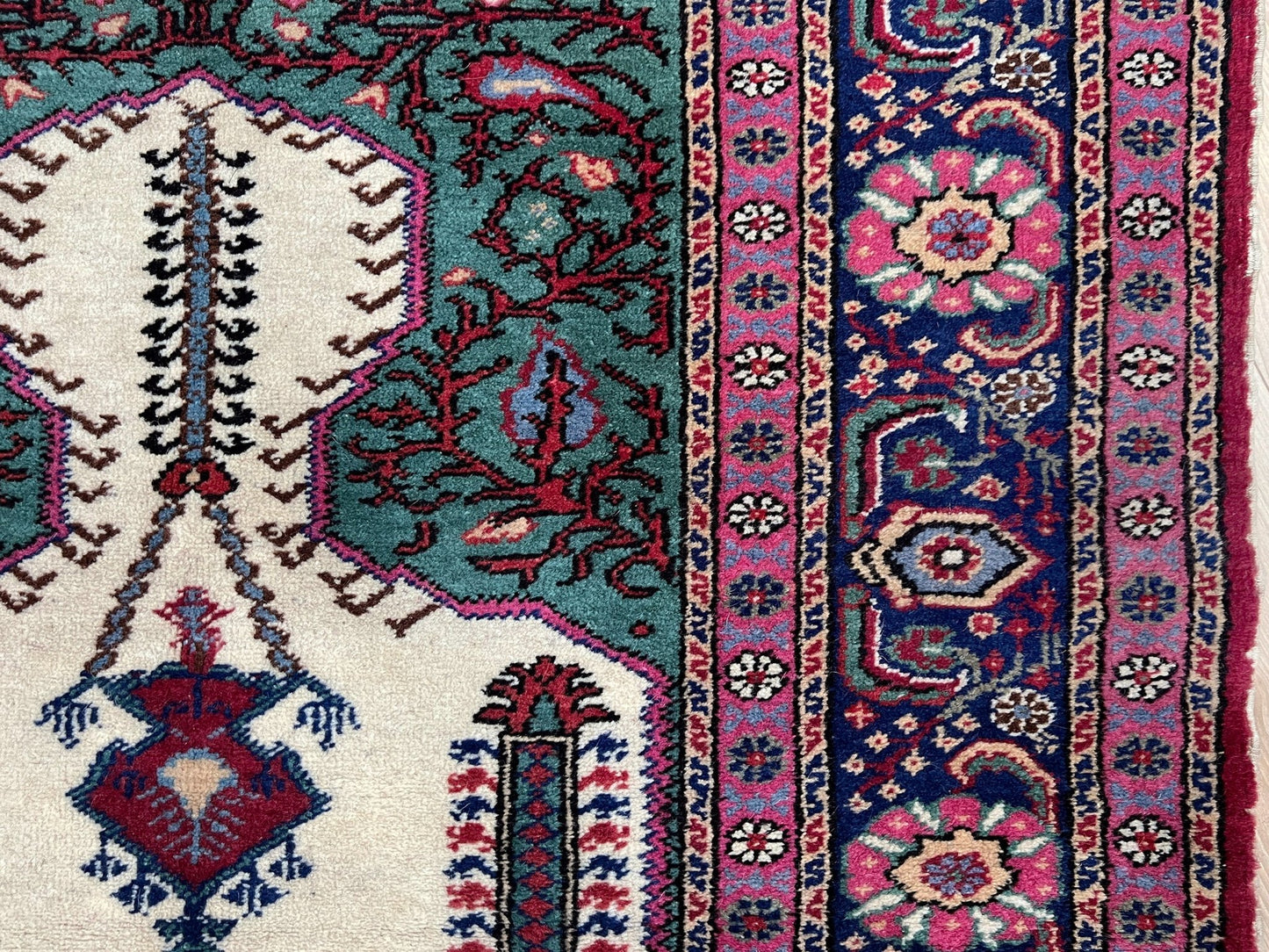 3x5 Turkish Kayseri scatter rug with prayer design, featuring a white ground, tulip pink and and a candle motif in the niche. Colors include baby blue, teal, and brown. Handmade from top-quality handspun Turkish wool, vibrant. Available at the best prices in the San Francisco Bay Area at Indigo Rugs, specializing in all handmade rugs.