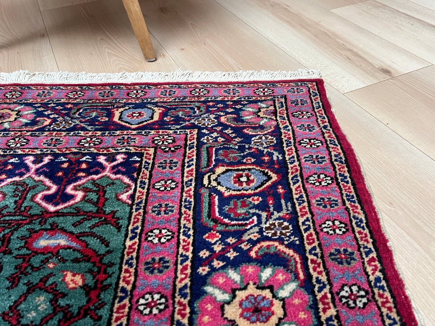 3x5 Turkish Kayseri scatter rug with prayer design, featuring a white ground, tulip pink and and a candle motif in the niche. Colors include baby blue, teal, and brown. Handmade from top-quality handspun Turkish wool, vibrant. Available at the best prices in the San Francisco Bay Area at Indigo Rugs, specializing in all handmade rugs.