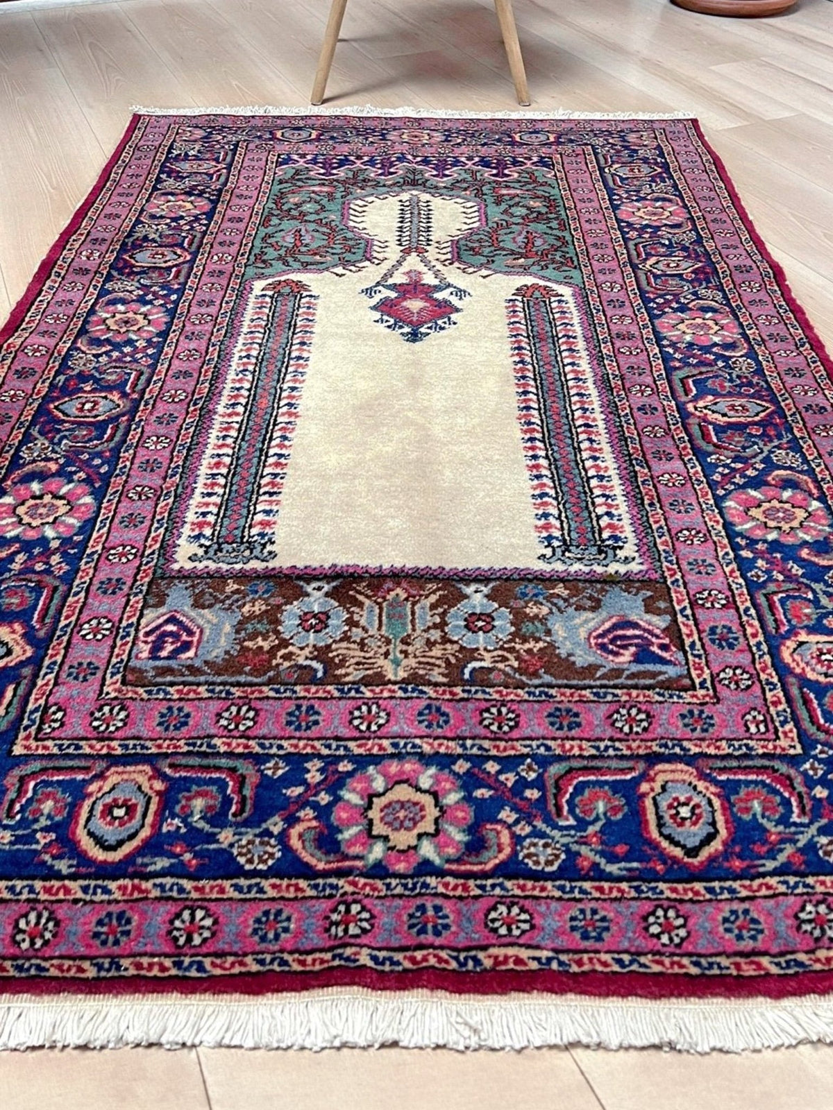 3x5 Turkish Kayseri tulip pink scatter rug with prayer design, featuring a white ground. Handmade wool, vibrant. Available in the San Francisco Bay Area