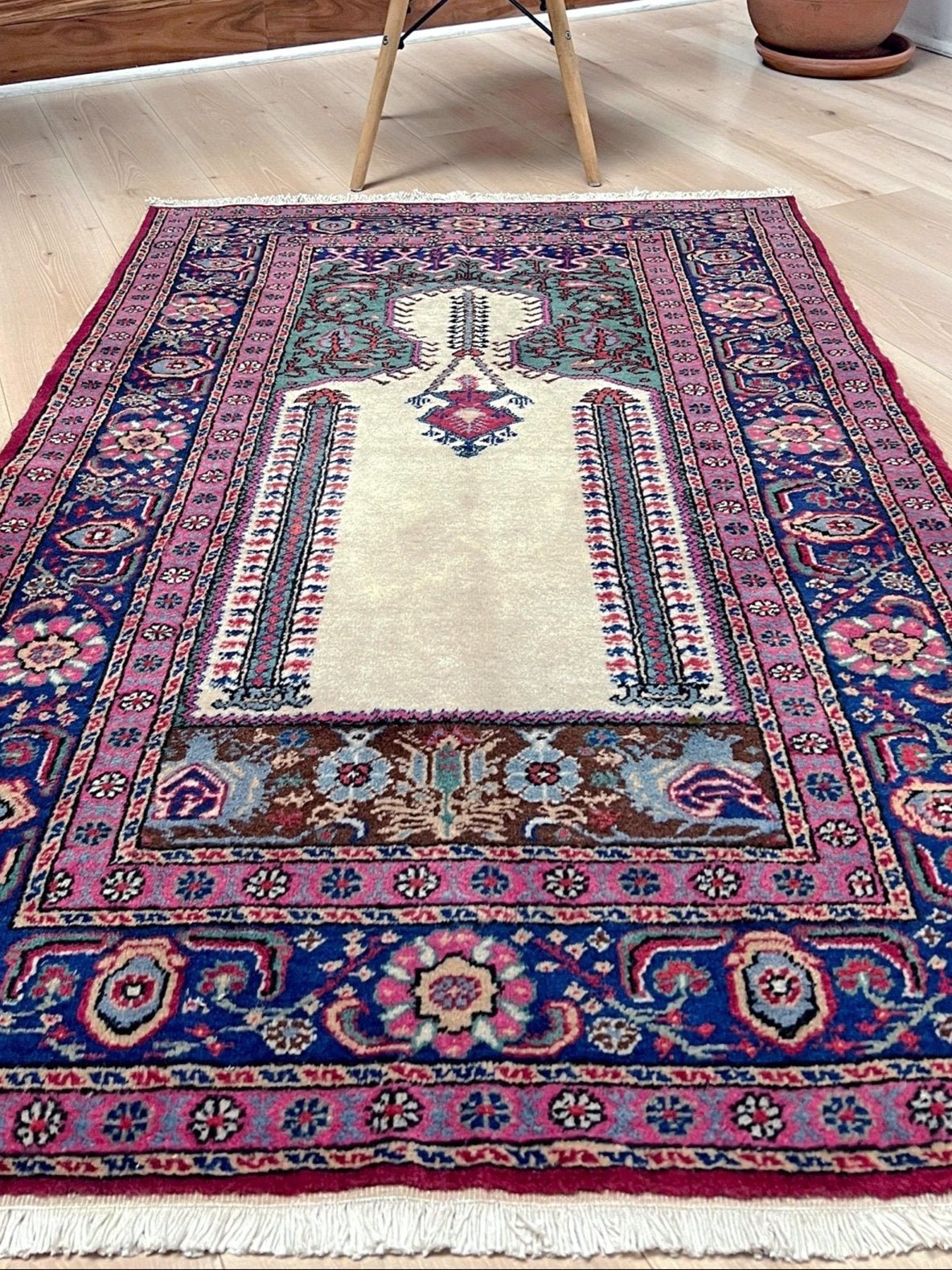 3x5 Turkish Kayseri scatter rug with prayer design, featuring a white ground, tulip pink and and a candle motif in the niche. Colors include baby blue, teal, and brown. Handmade from top-quality handspun Turkish wool, vibrant. Available at the best prices in the San Francisco Bay Area at Indigo Rugs, specializing in all handmade rugs.