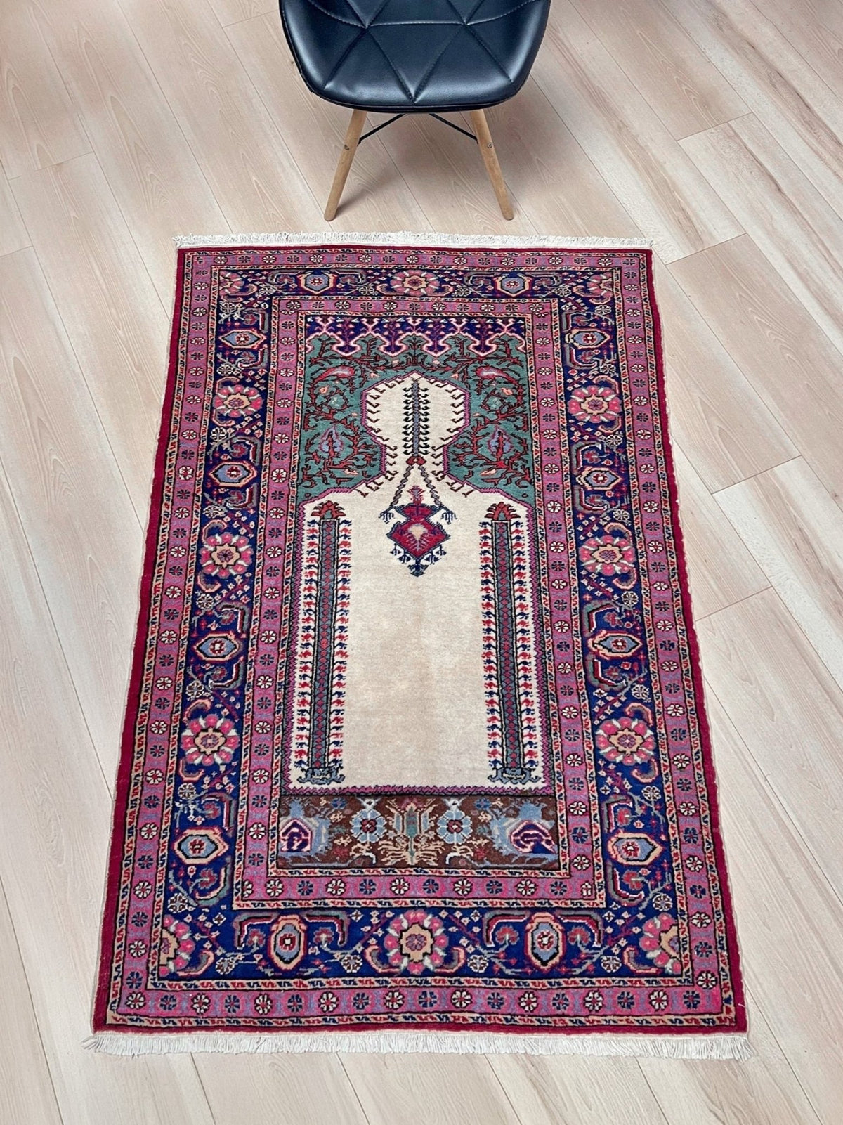 3x5 Turkish Kayseri tulip pink scatter rug with prayer design, featuring a white ground. Handmade wool, vibrant. Available in the San Francisco Bay Area