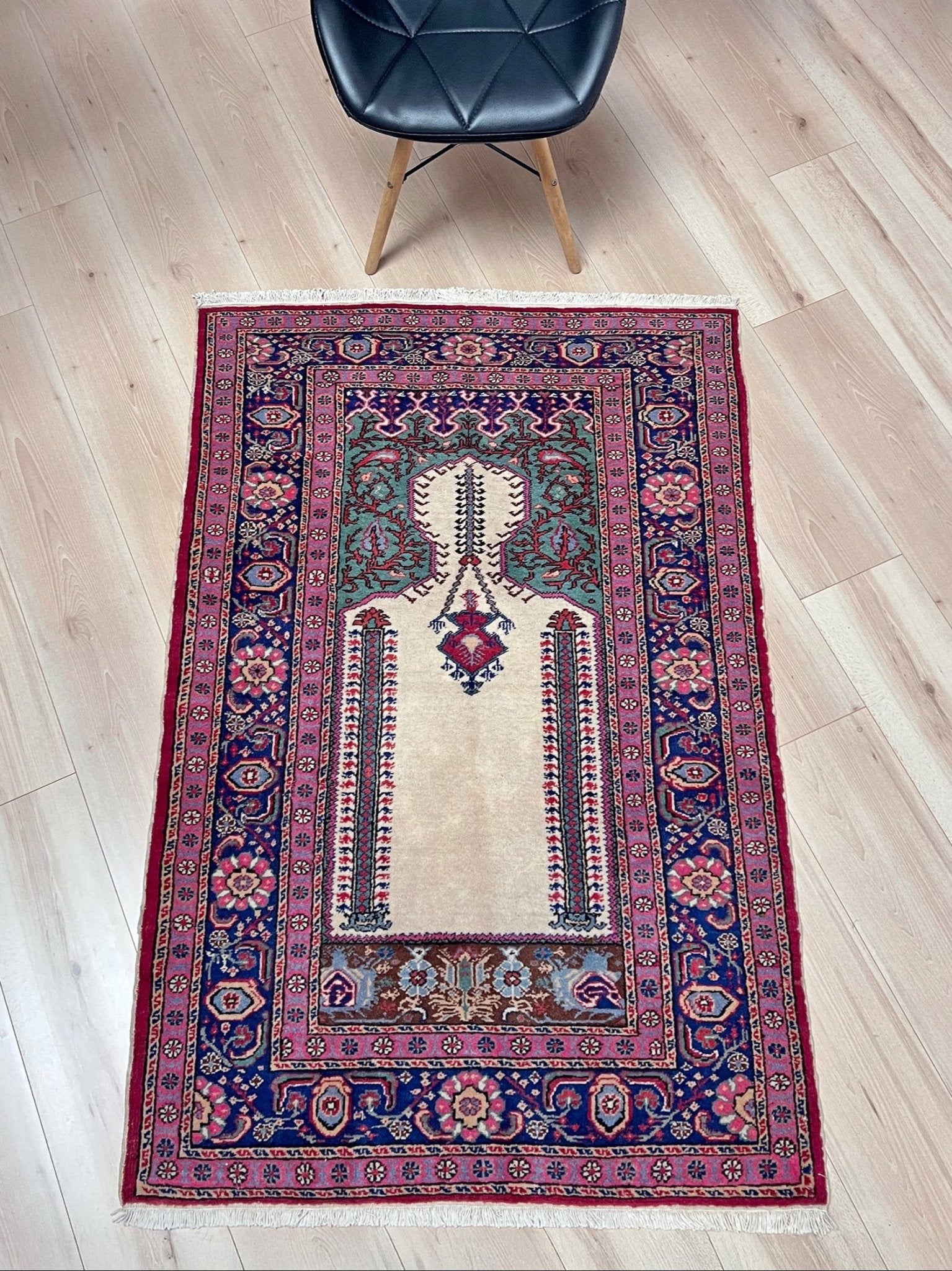 3x5 Turkish Kayseri scatter rug with prayer design, featuring a white ground, tulip pink and and a candle motif in the niche. Colors include baby blue, teal, and brown. Handmade from top-quality handspun Turkish wool, vibrant. Available at the best prices in the San Francisco Bay Area at Indigo Rugs, specializing in all handmade rugs.