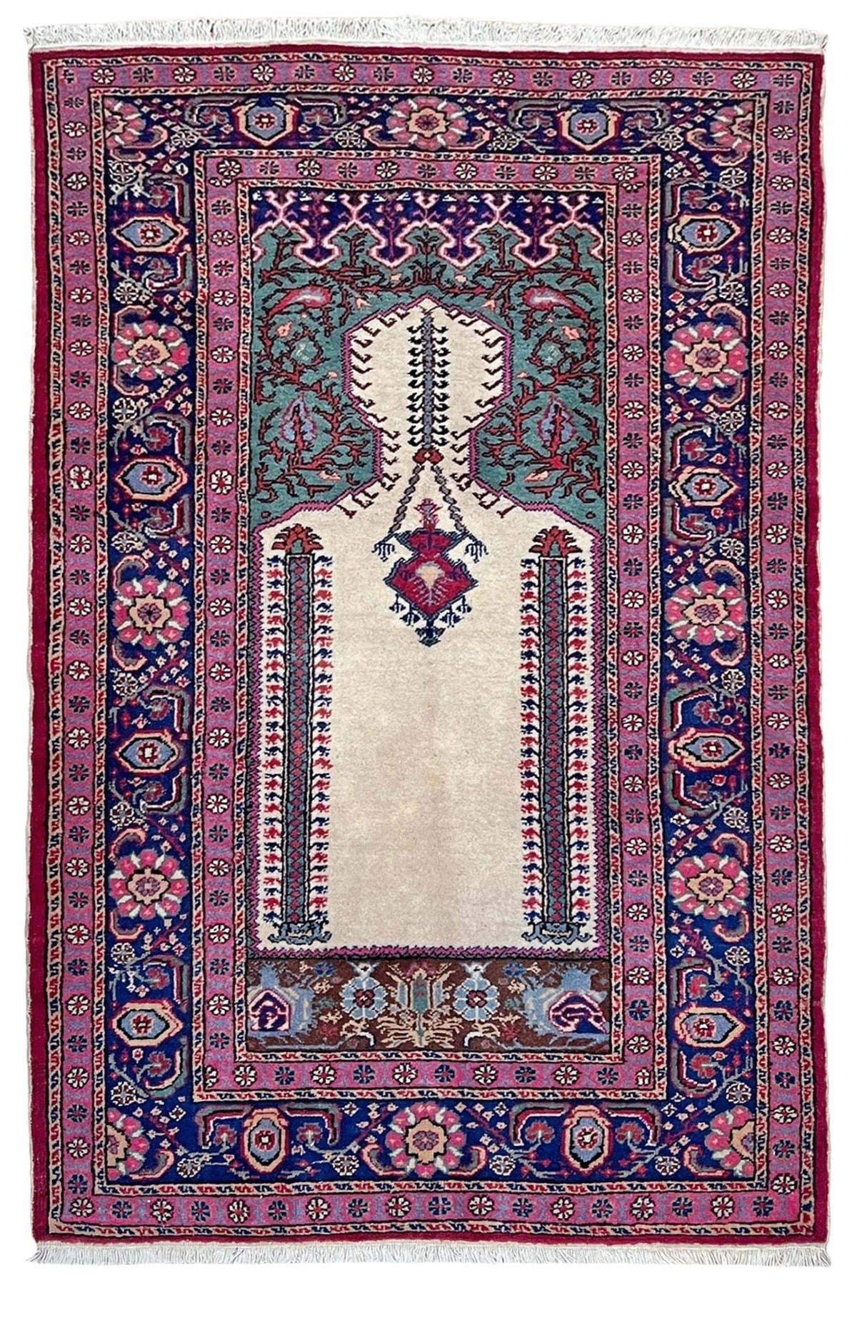 3x5 Turkish Kayseri tulip pink scatter rug with prayer design, featuring a white ground. Handmade wool, vibrant. Available in the San Francisco Bay Area