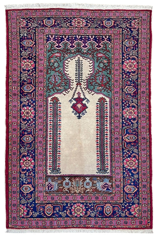 3x5 Turkish Kayseri tulip pink scatter rug with prayer design, featuring a white ground. Handmade wool, vibrant. Available in the San Francisco Bay Area
