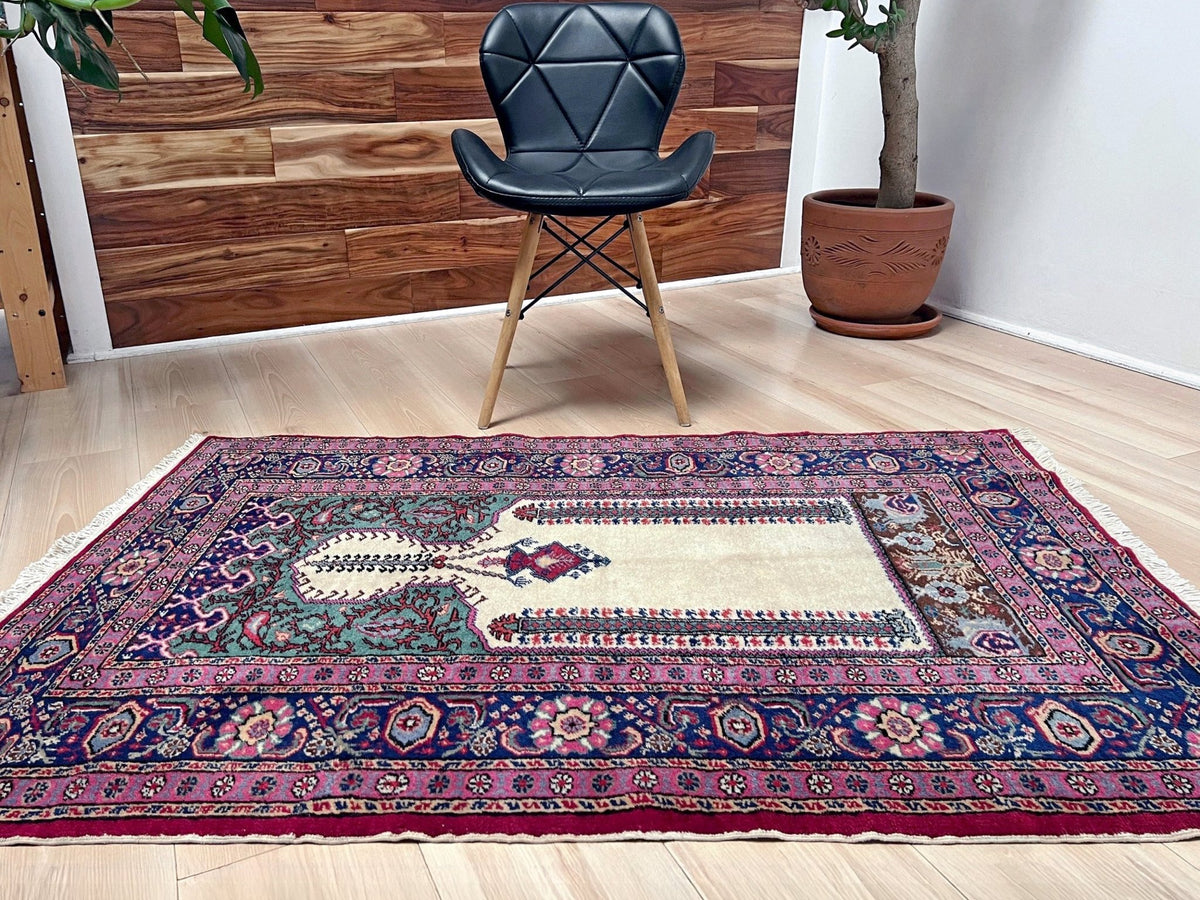 3x5 Turkish Kayseri tulip pink scatter rug with prayer design, featuring a white ground. Handmade wool, vibrant. Available in the San Francisco Bay Area