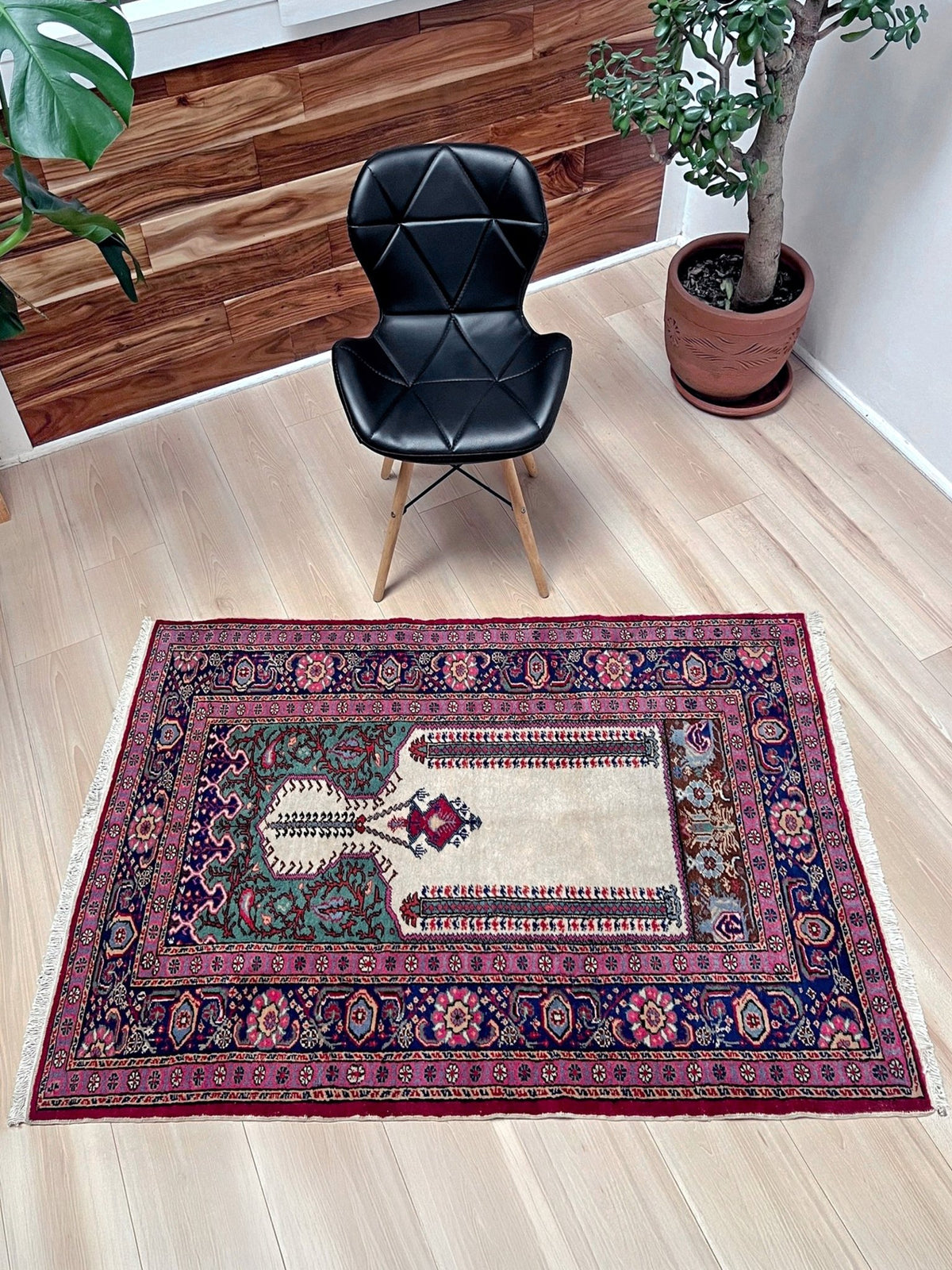 3x5 Turkish Kayseri tulip pink scatter rug with prayer design, featuring a white ground. Handmade wool, vibrant. Available in the San Francisco Bay Area
