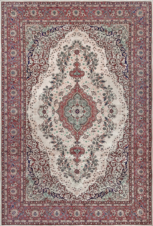 7x10 Vintage Kayseri Turkish rug for living room, bedroom, dining room with an ivory field, mint green medallion, and cranberry red border with floral motifs. Mid-pile, unused vintage stock. From Indigo Rugs, Burlingame CA — best rug shop in the San Francisco Bay Area. Free shipping.