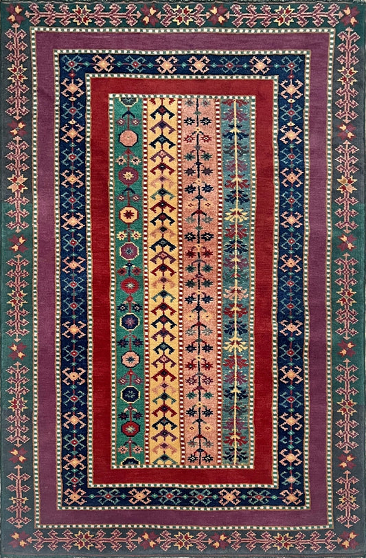Handmade Turkish striped Rug with vibrant vertical stripes in purple, green, red, and mustard. 3x5 wool rug crafted from handspun Turkish wool, available in our San Francisco Bay Area store. Perfect for living room, bedroom, entryway, or nursery decor.