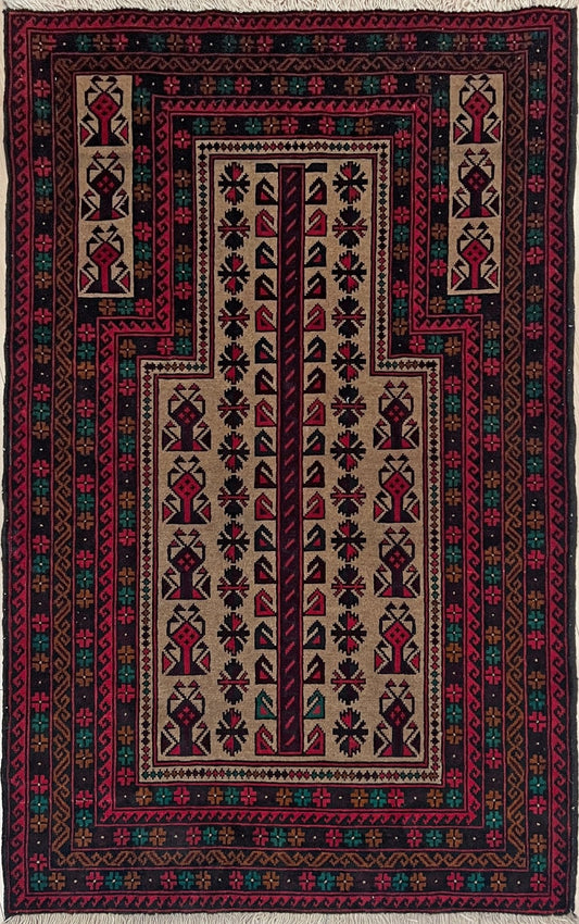 Baluch Turkmen Prayer Rug - Handmade Wool Carpet in a 3x5 size, featuring traditional tribal geometric patterns with rich red, black, beige, green, and teal colors. Ideal for living room, bedroom, kitchen, entryway, or nursery decor. Available at a handmade rug shop in the San Francisco Bay Area.