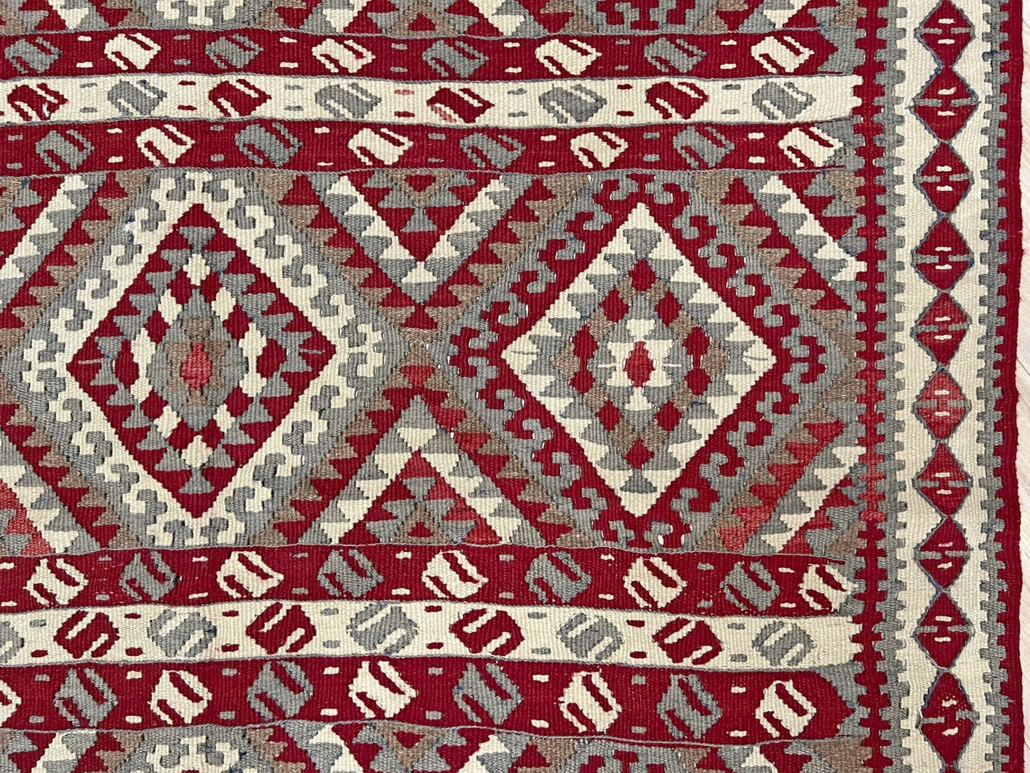 Vintage kurdish van kilim rug 5x8 red beige geometric flatweave eastern anatolia handmade wool tribal rug.