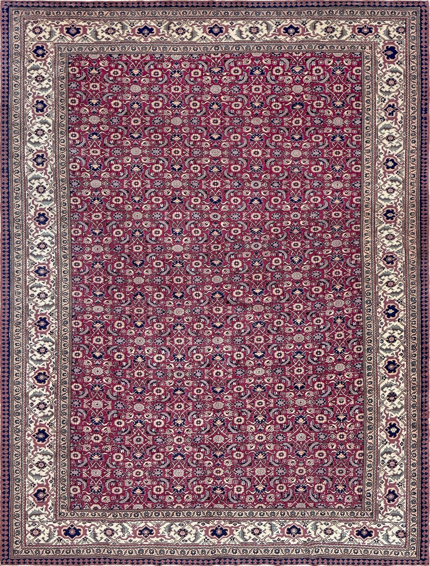 Vintage Turkish floral 8x10 rug with Caucasian design in ruby red, cream, and navy blue, perfect for living rooms, bedrooms, and dining rooms. Complements traditional, eclectic, bohemian, and classic home décor styles. From the best rug shop in Burlingame, SF Bay Area, with free shipping.