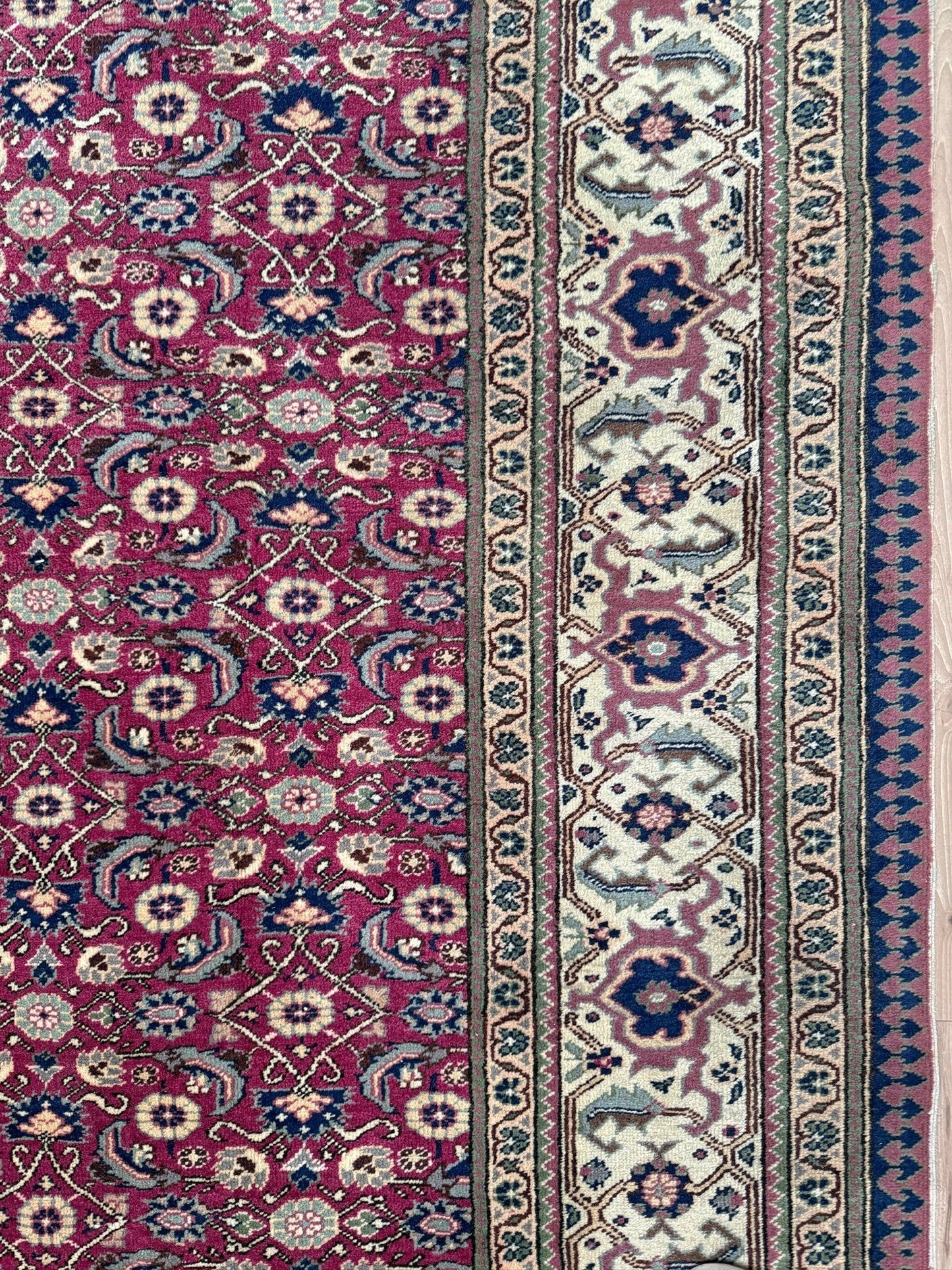 Vintage Turkish floral 8x10 rug with Caucasian design in ruby red, cream, and navy blue, perfect for living rooms, bedrooms, and dining rooms. Complements traditional, eclectic, bohemian, and classic home décor styles. From the best rug shop in Burlingame, SF Bay Area, with free shipping.