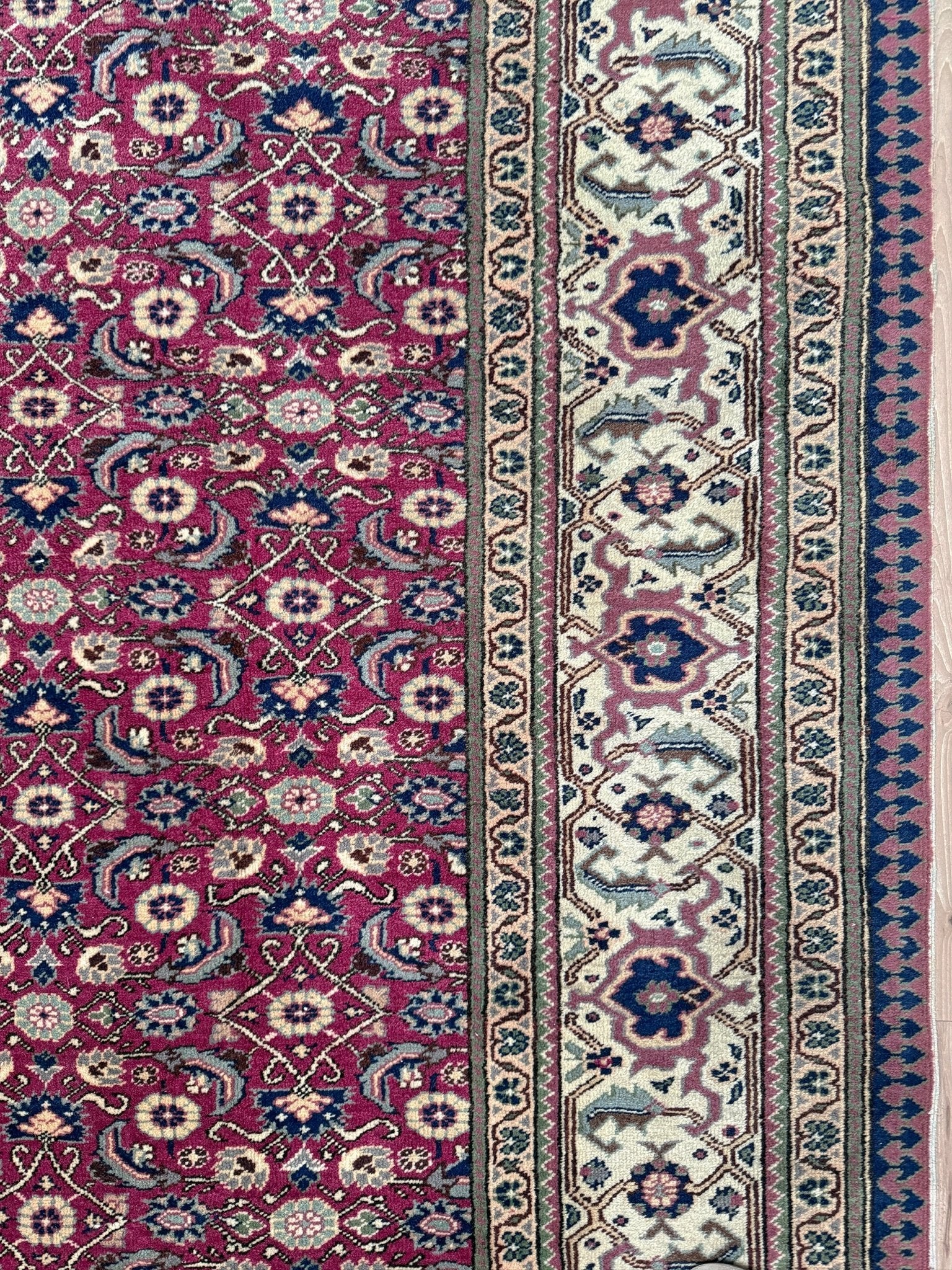 Vintage Turkish floral 8x10 rug with Caucasian design in ruby red, cream, and navy blue, perfect for living rooms, bedrooms, and dining rooms. Complements traditional, eclectic, bohemian, and classic home décor styles. From the best rug shop in Burlingame, SF Bay Area, with free shipping.